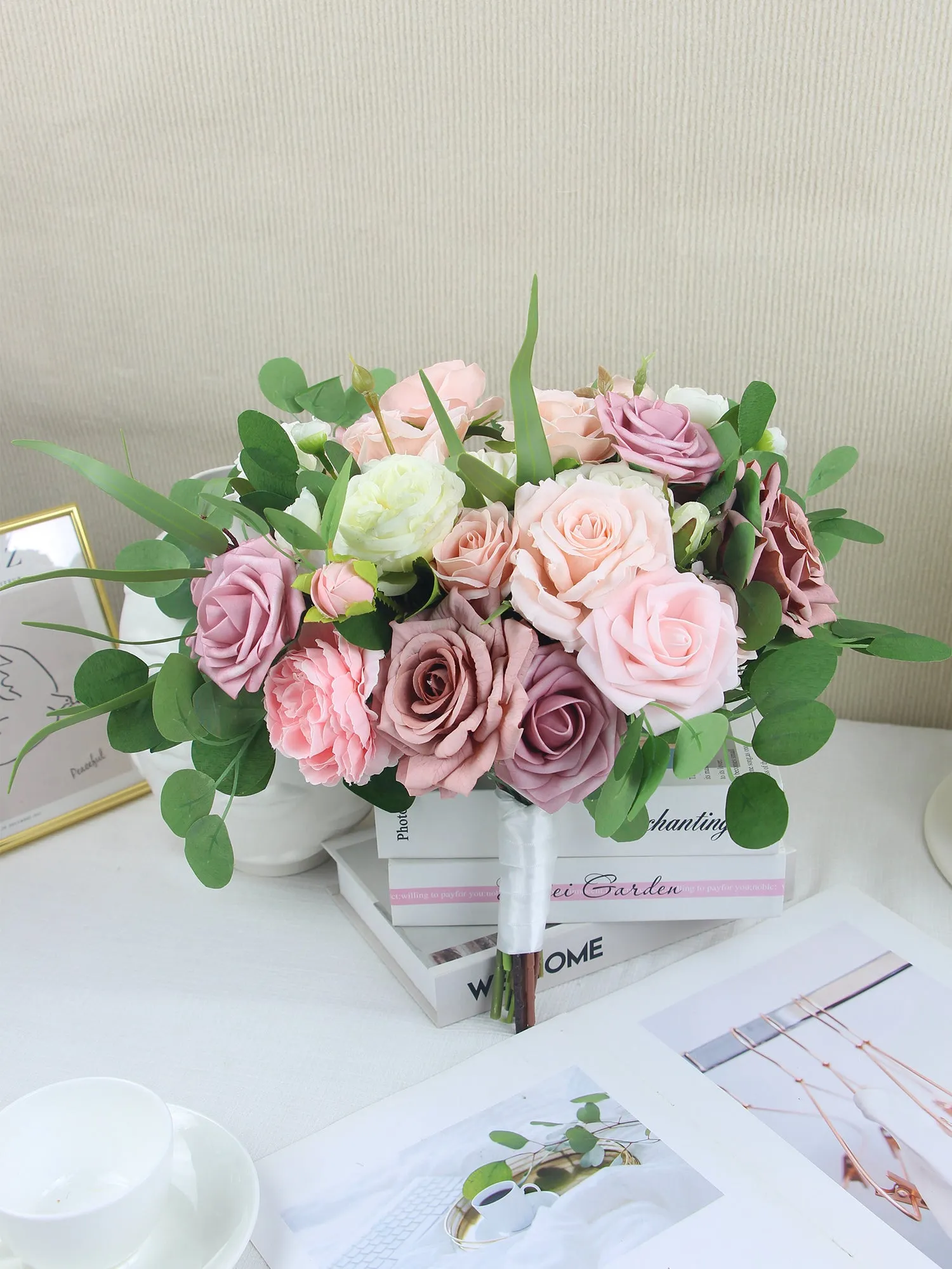 12.5 inch wide Pink & Dusty Rose Bridal Bouquet