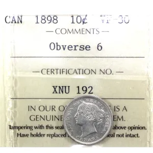 1898 Obv. 6 Canada 10-cents ICCS Certified VF-30