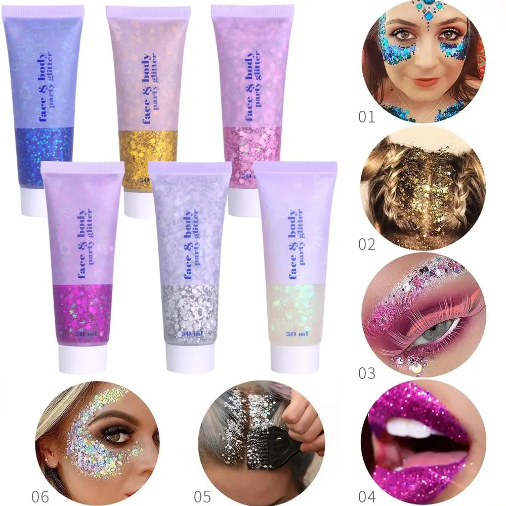 2 Pcs Body Glitter Gel, Neon Outfit Glow Party for Face and Body Hair Face Nail Glitter Stick Makeup.(06-White Moonbeam)