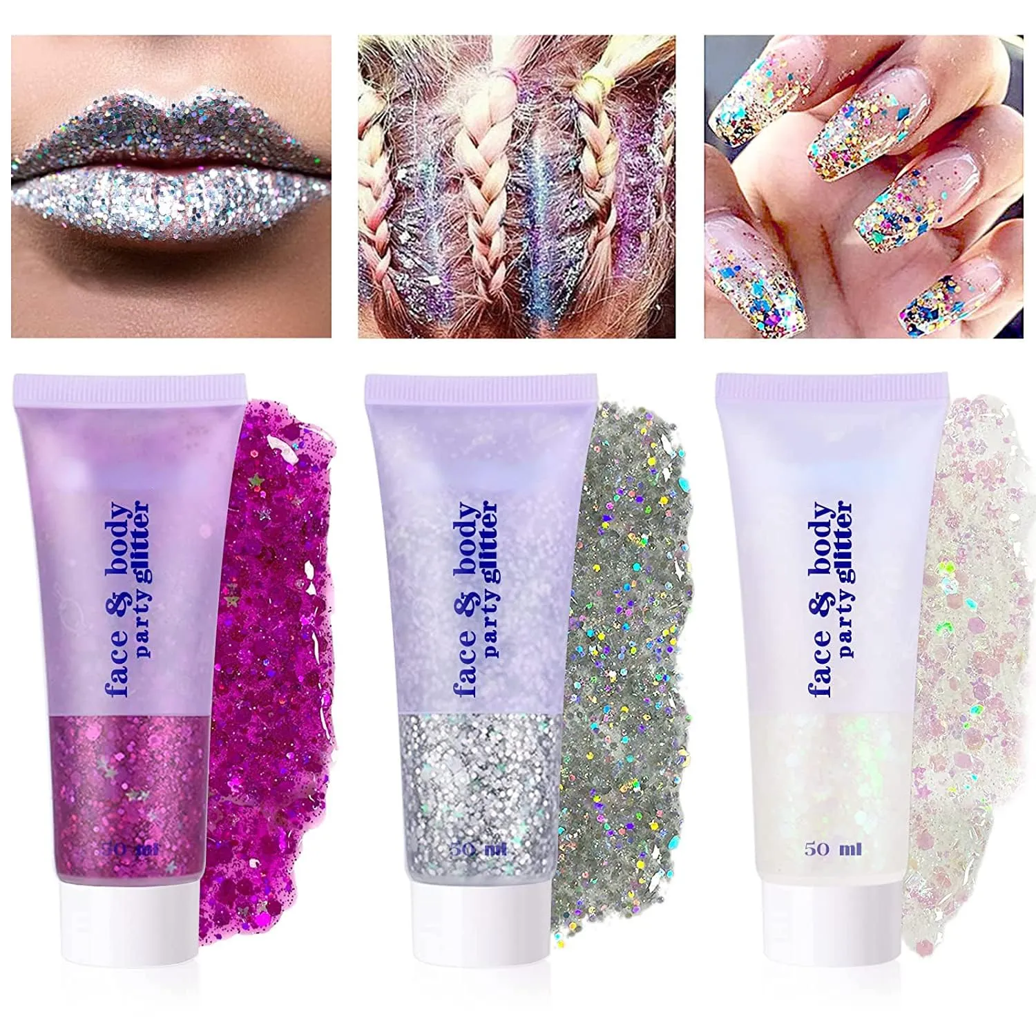 2 Pcs Body Glitter Gel, Neon Outfit Glow Party for Face and Body Hair Face Nail Glitter Stick Makeup.(06-White Moonbeam)