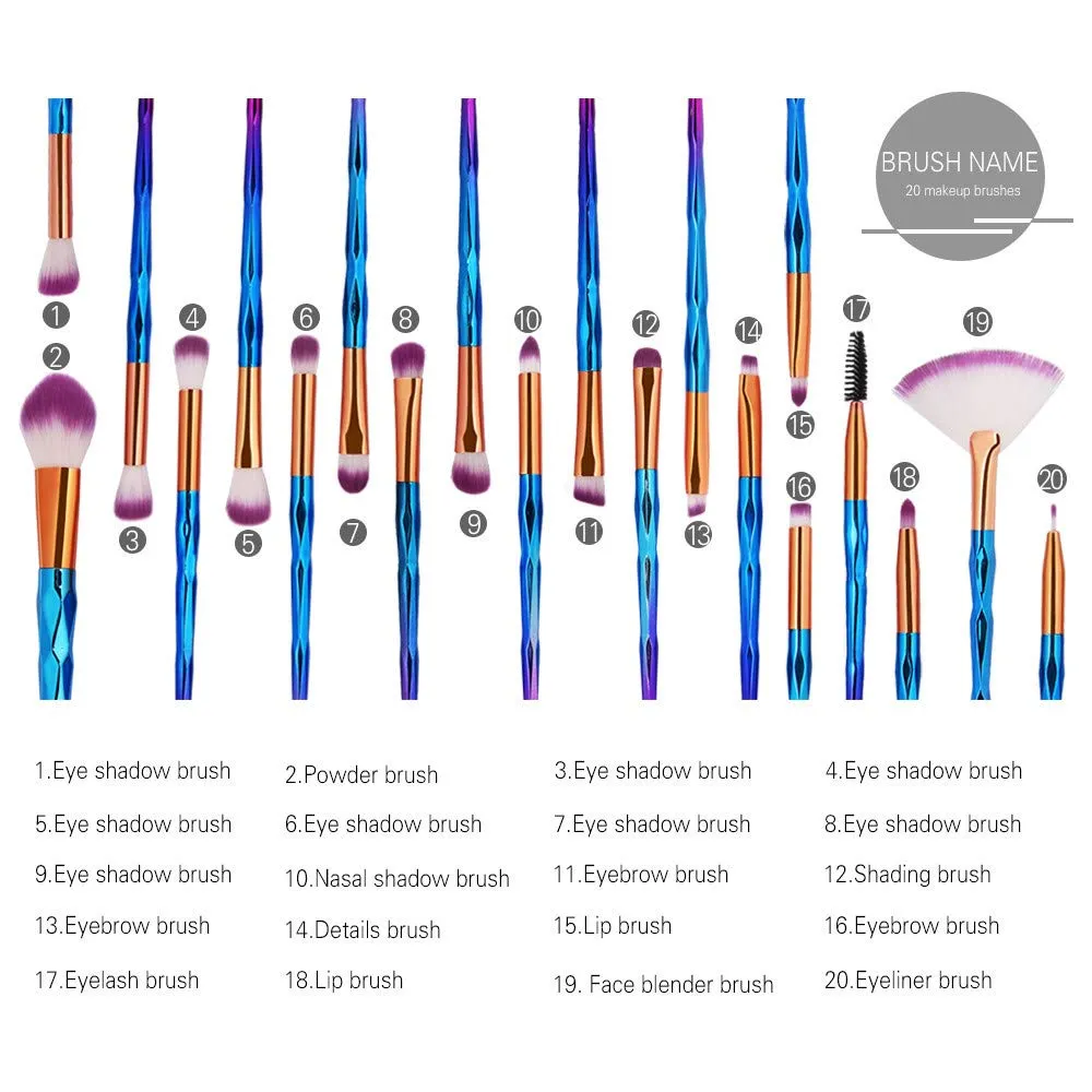 20Pcs Transparent Unicorn Diamond Eyeshadow Eyeliner Blending Makeup Brushes Set 