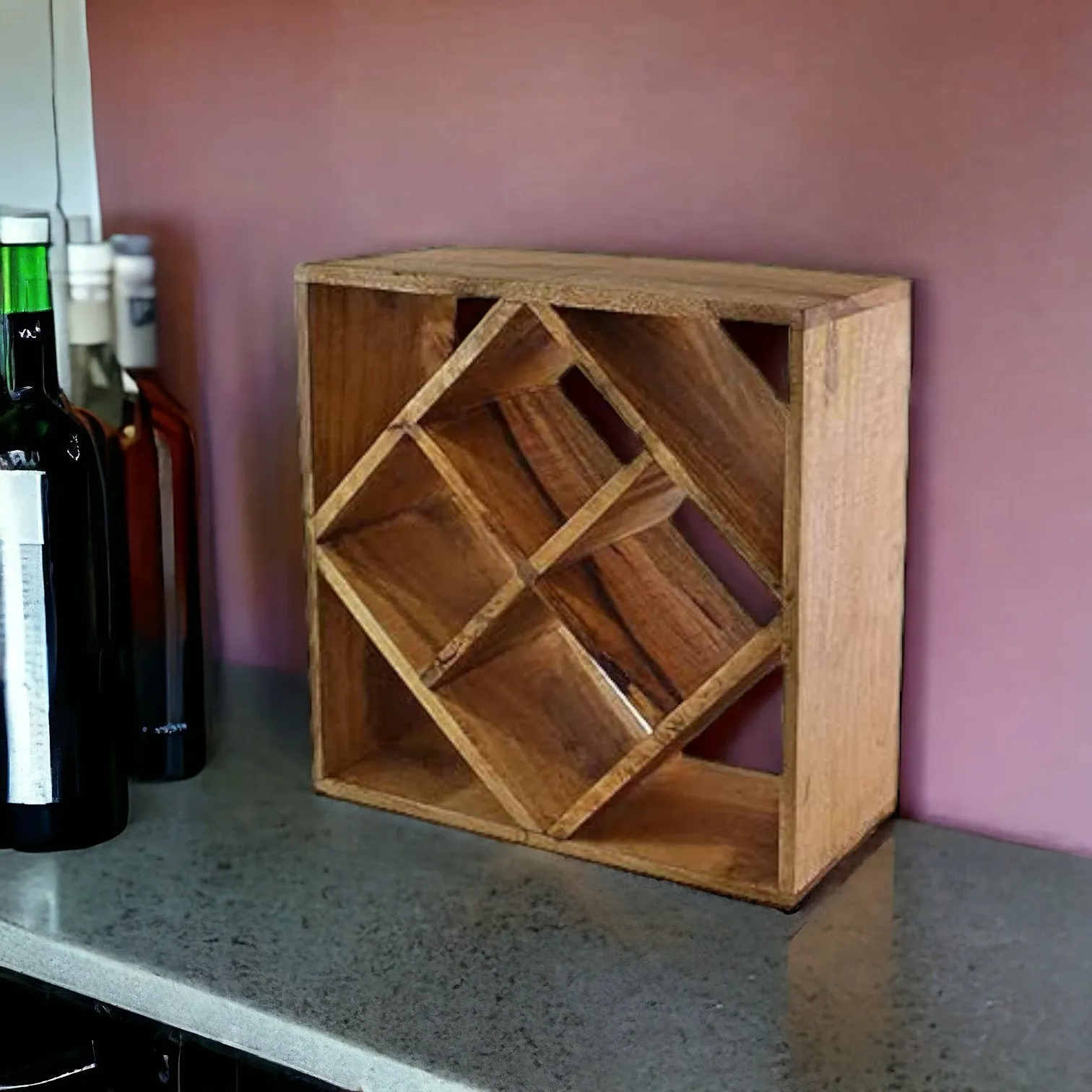 4-Bottle Mango Wood Diamond Design Wine Rack