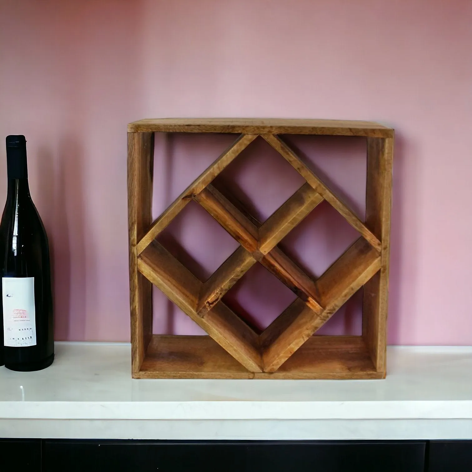 4-Bottle Mango Wood Diamond Design Wine Rack