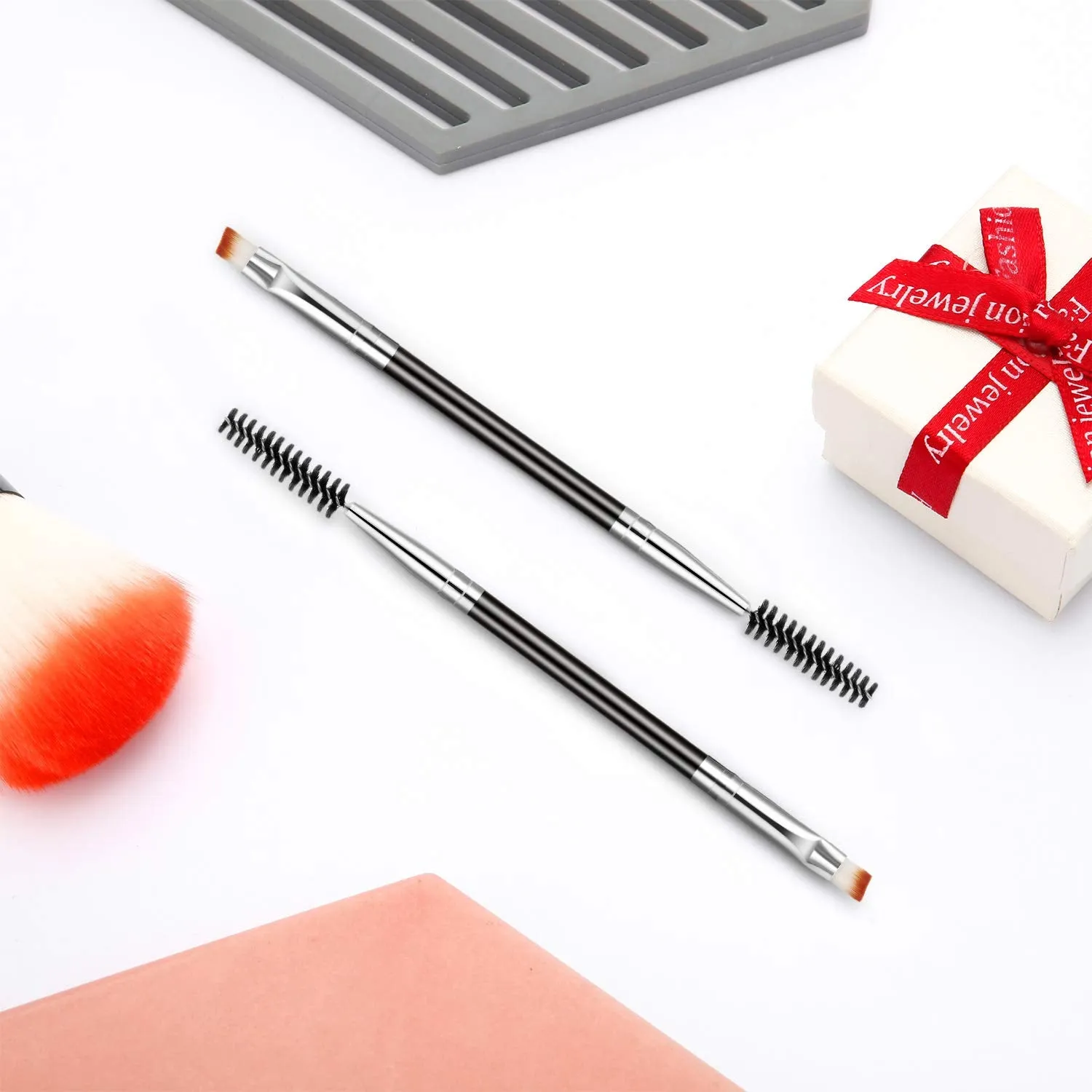 6 Pieces Duo Eyebrow Brush Angled Eye Brow Brush and Spoolie Brush Mini Eyelash Brush for Tinting Angled Eyebrow, Fit for Gel and Cream (Silver) Silver
