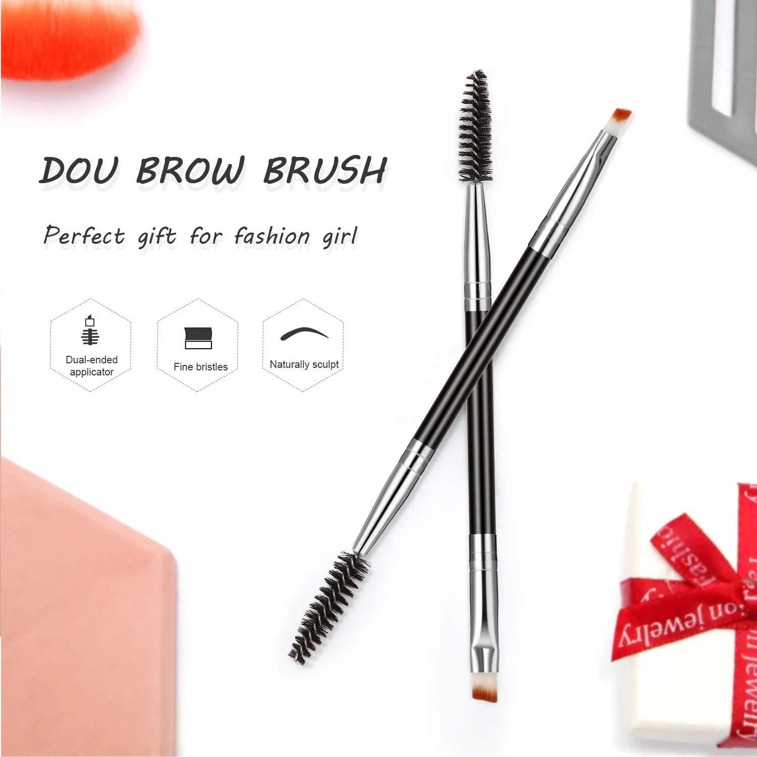 6 Pieces Duo Eyebrow Brush Angled Eye Brow Brush and Spoolie Brush Mini Eyelash Brush for Tinting Angled Eyebrow, Fit for Gel and Cream (Silver) Silver