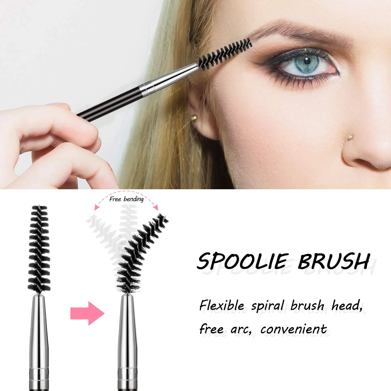 6 Pieces Duo Eyebrow Brush Angled Eye Brow Brush and Spoolie Brush Mini Eyelash Brush for Tinting Angled Eyebrow, Fit for Gel and Cream (Silver) Silver