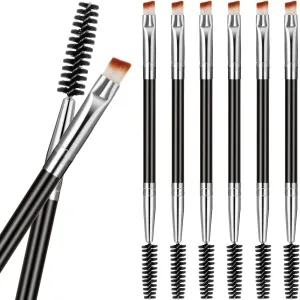 6 Pieces Duo Eyebrow Brush Angled Eye Brow Brush and Spoolie Brush Mini Eyelash Brush for Tinting Angled Eyebrow, Fit for Gel and Cream (Silver) Silver