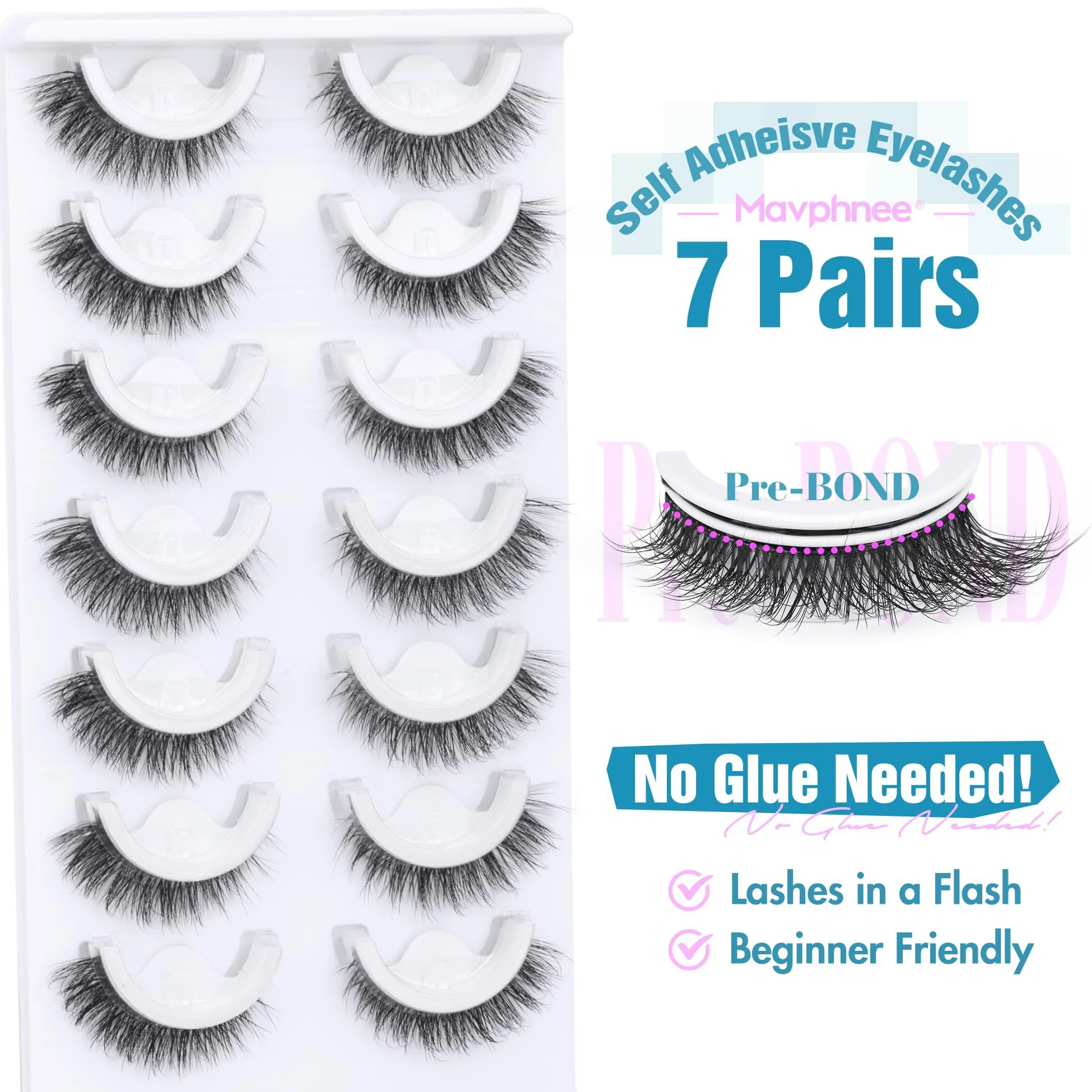 7 Pairs Self Adhesive Eyelashes Reusable Self Adhesive Lashes Natural Look Cat Eye Lashes For Beginners Wispy No Glue Eye Lashes Pack by Mavphnee