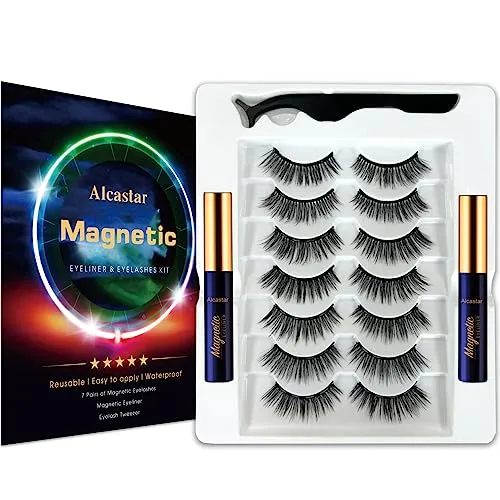 Alcastar Magnetic Eyelashes,Magnetic Eyelashes Natural Look,Magnetic Eyeliner Eyelash Kit,Magnetic Lashes Mink,Waterproof, Long Lasting, Magnetic,Easy to Apply, (Kit-A4: 10 paris 4 tubes)