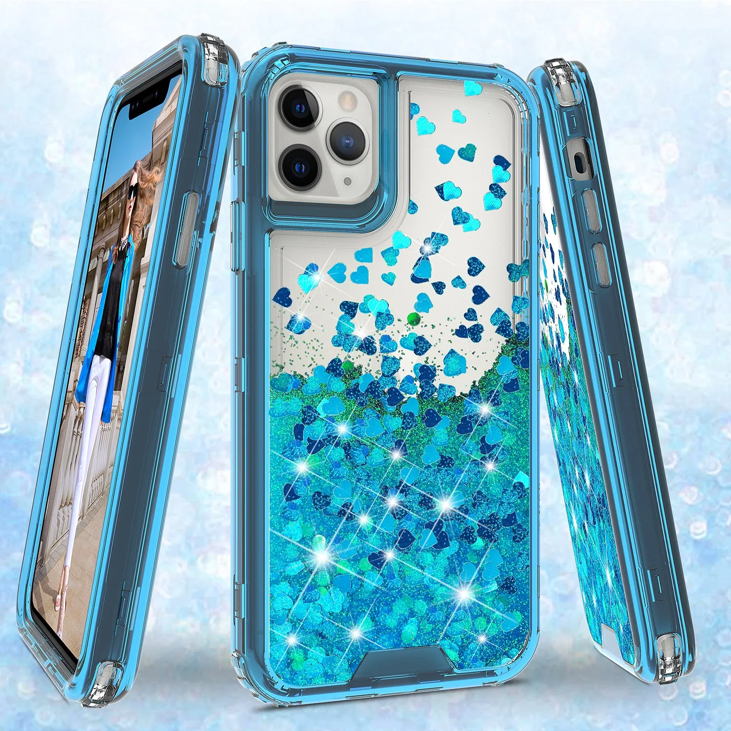 Apple iPhone 11 Case,Hard Clear Glitter Sparkle Flowing Liquid Heavy Duty Shockproof Three Layer Protective Bling Girls Women Cases for Apple iPhone 11 - Teal