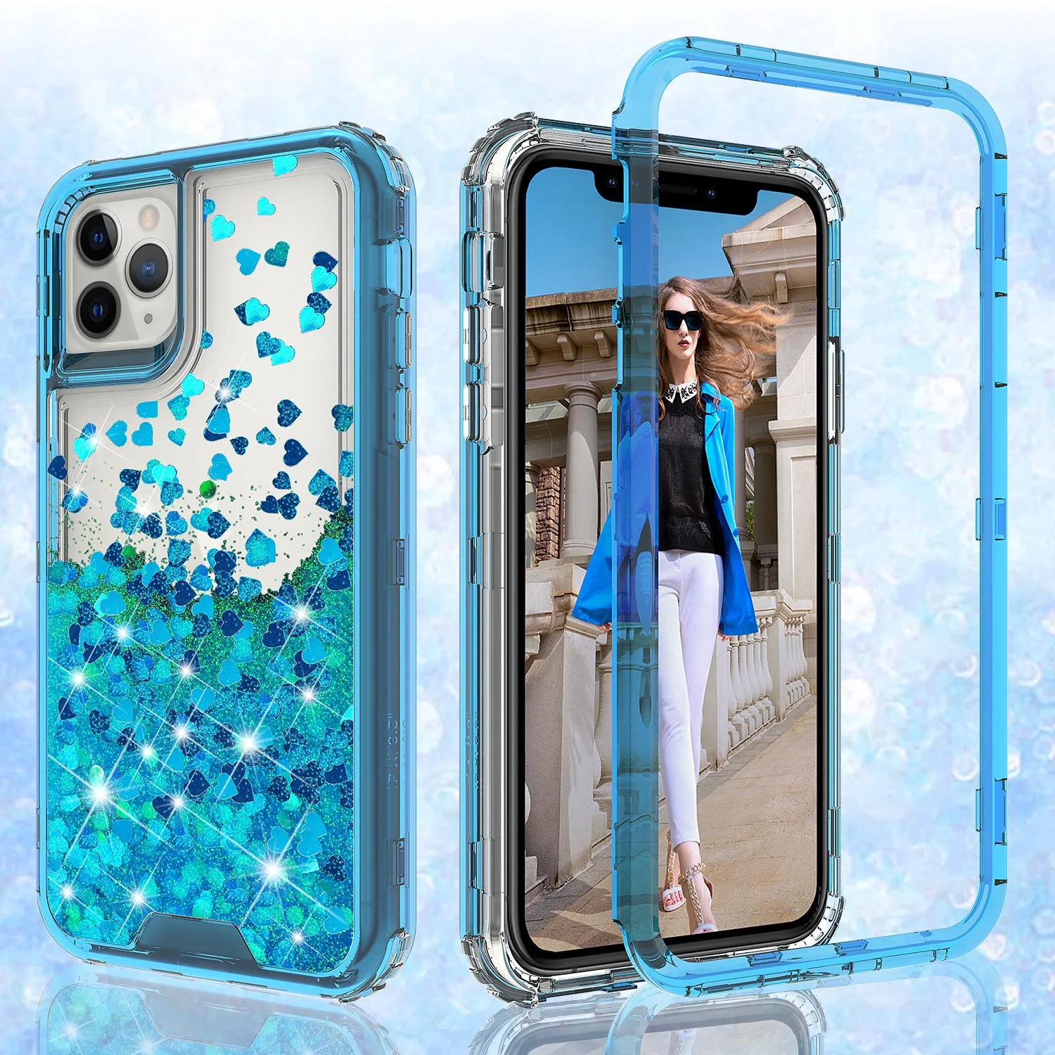 Apple iPhone 11 Case,Hard Clear Glitter Sparkle Flowing Liquid Heavy Duty Shockproof Three Layer Protective Bling Girls Women Cases for Apple iPhone 11 - Teal