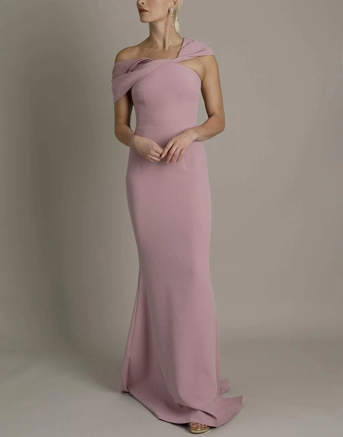 Asymmetrical Shoulder Drape Long Rosa Dress