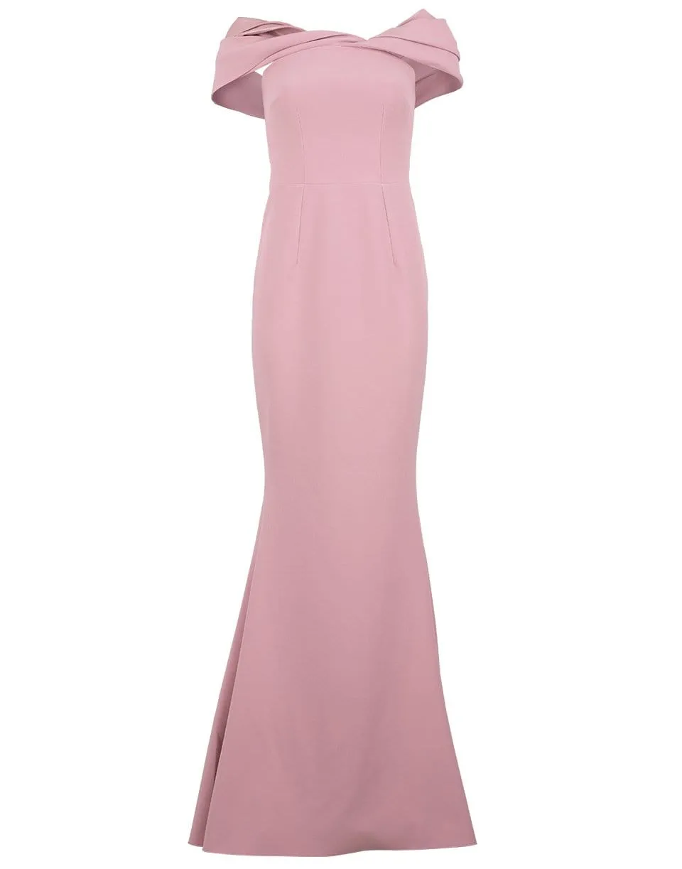 Asymmetrical Shoulder Drape Long Rosa Dress