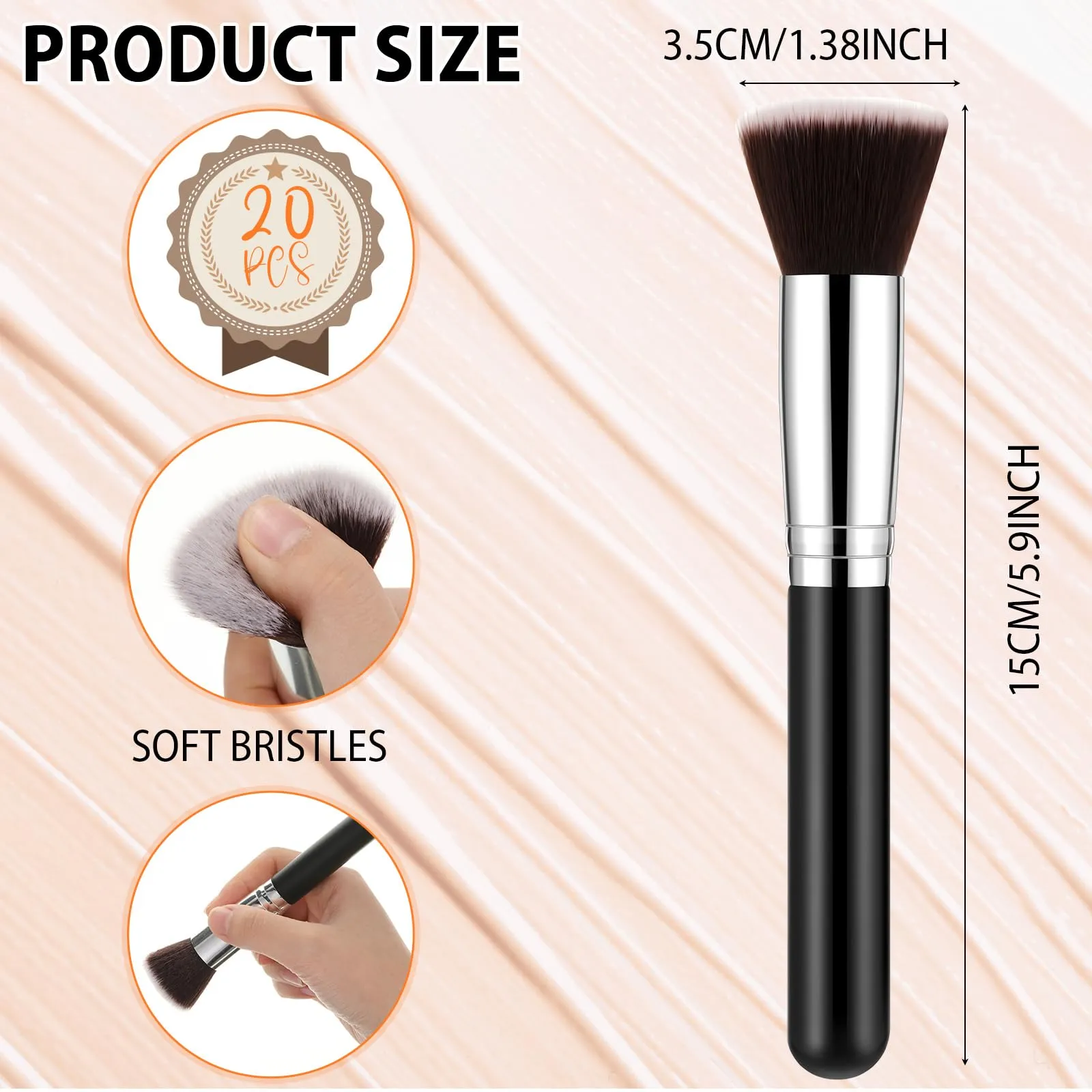 Baderke 20 Pcs Flat Top Foundation Brush Kabuki Cosmetics Synthetic Dense Makeup Brush for Liquid, Cream, Powder Flawless Face Blush Brush for Blending, Buffing, Stippling Face Makeup Tools