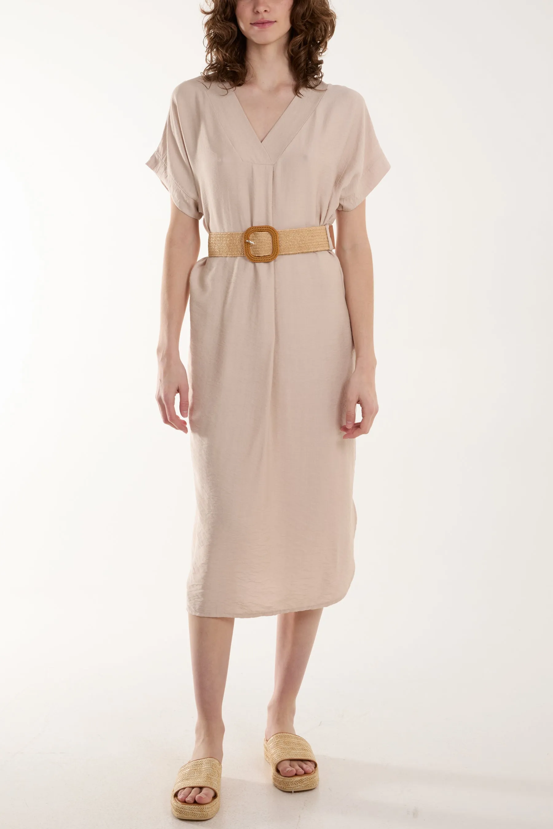 Belted V-Neck Short Sleeve Midi Dress