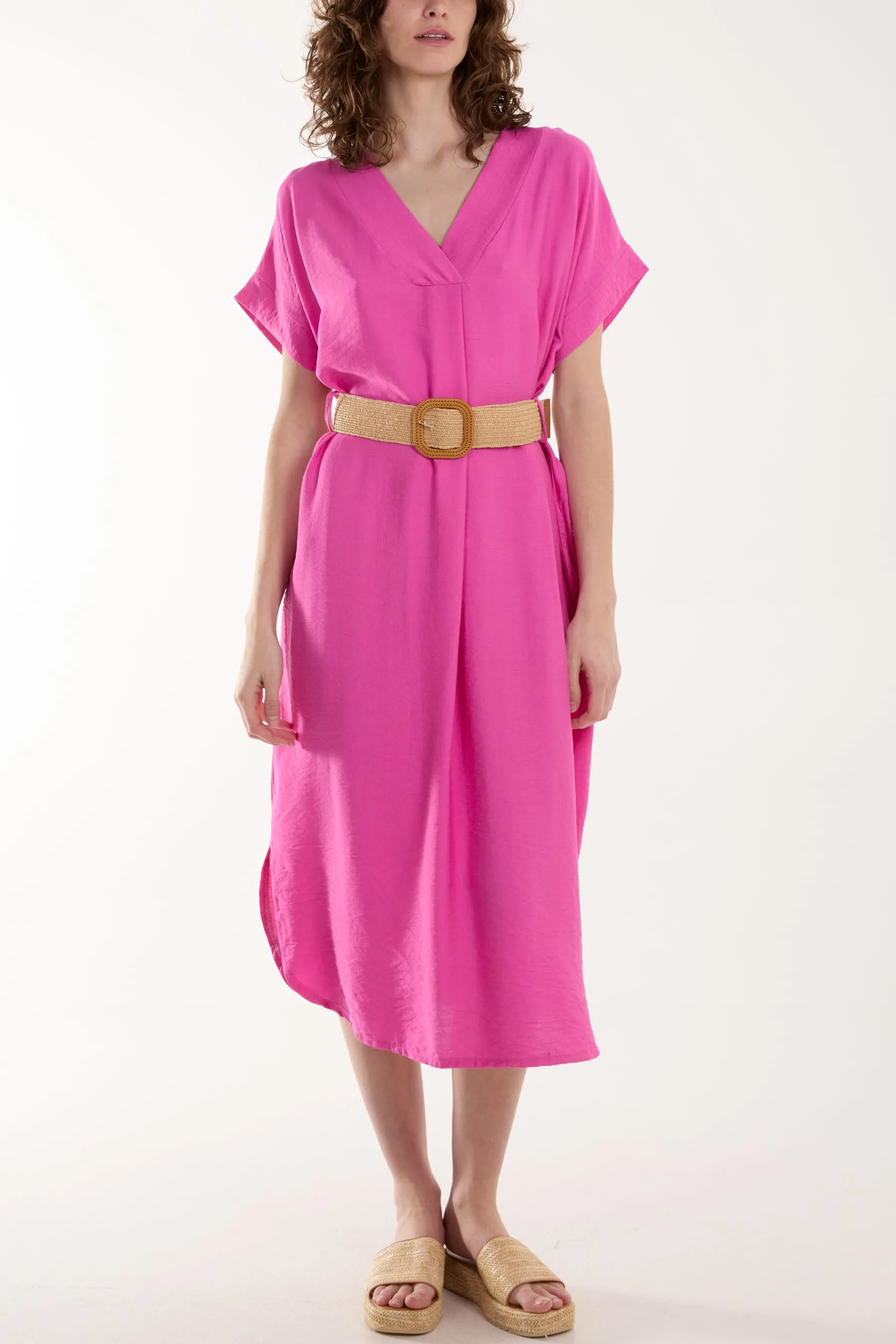 Belted V-Neck Short Sleeve Midi Dress