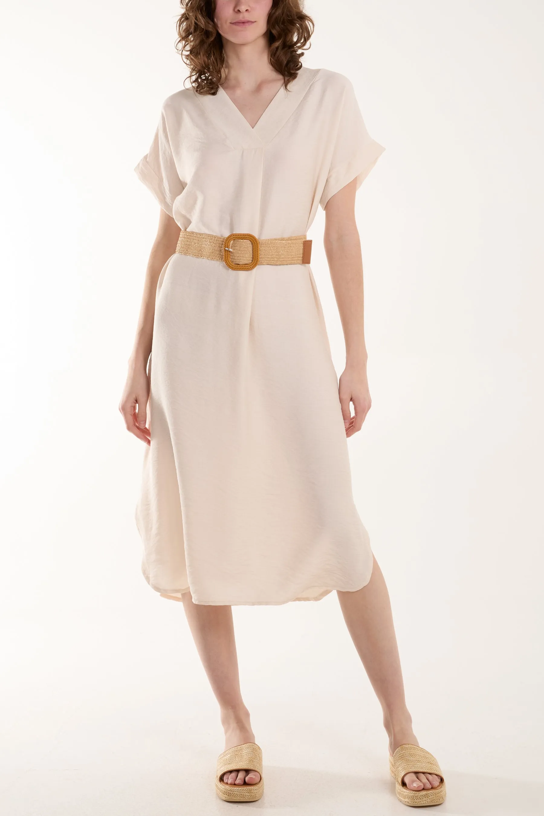 Belted V-Neck Short Sleeve Midi Dress