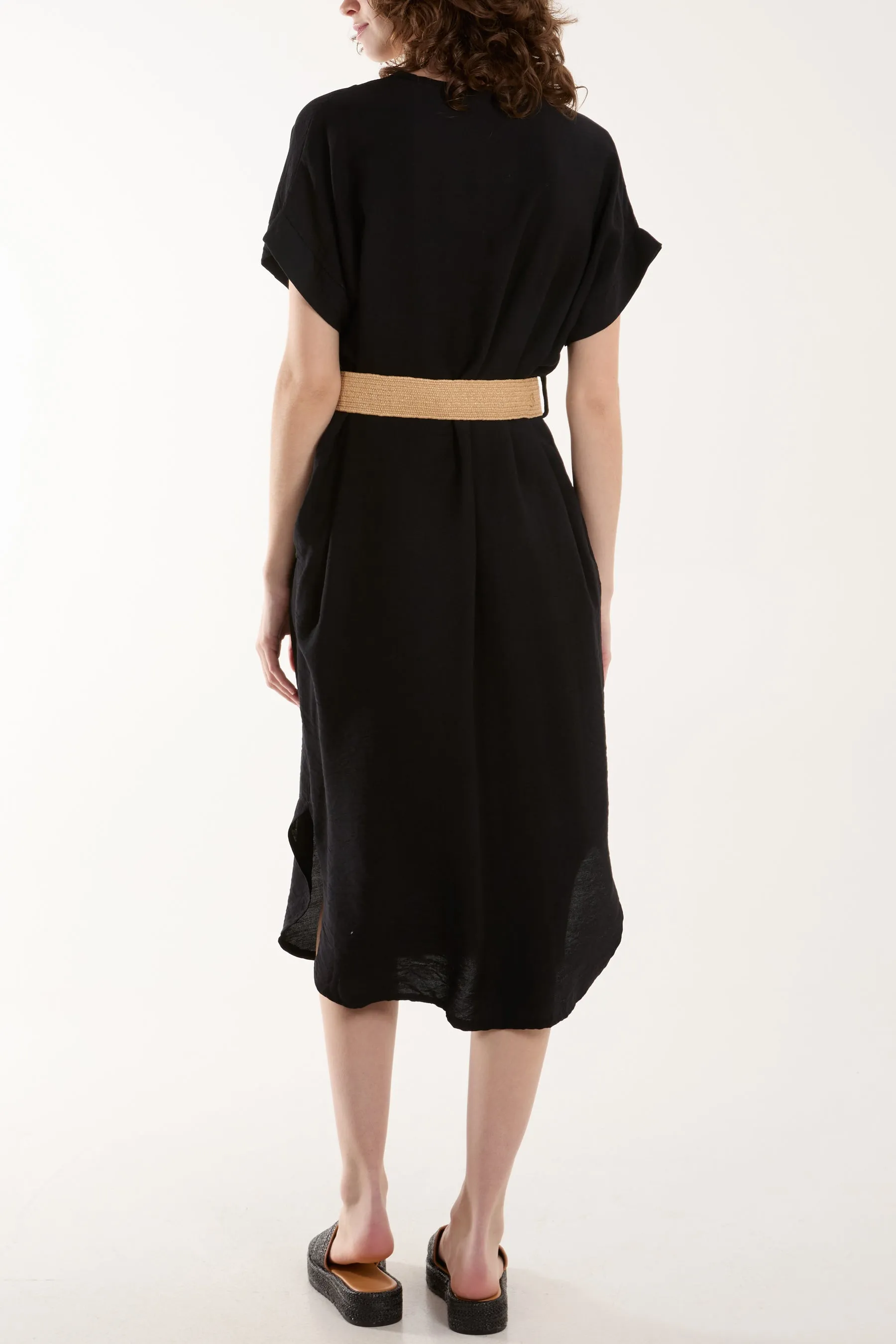 Belted V-Neck Short Sleeve Midi Dress