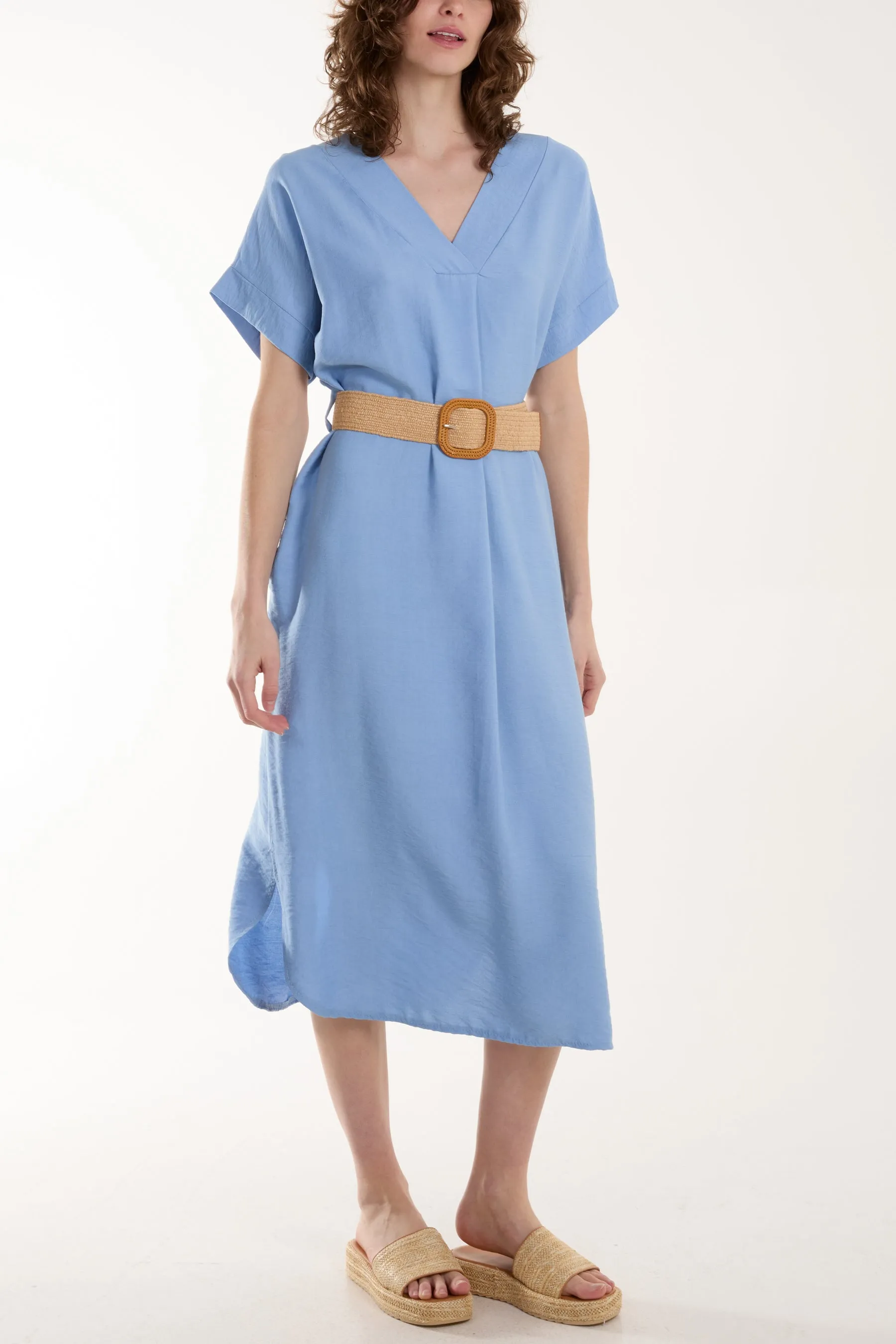 Belted V-Neck Short Sleeve Midi Dress