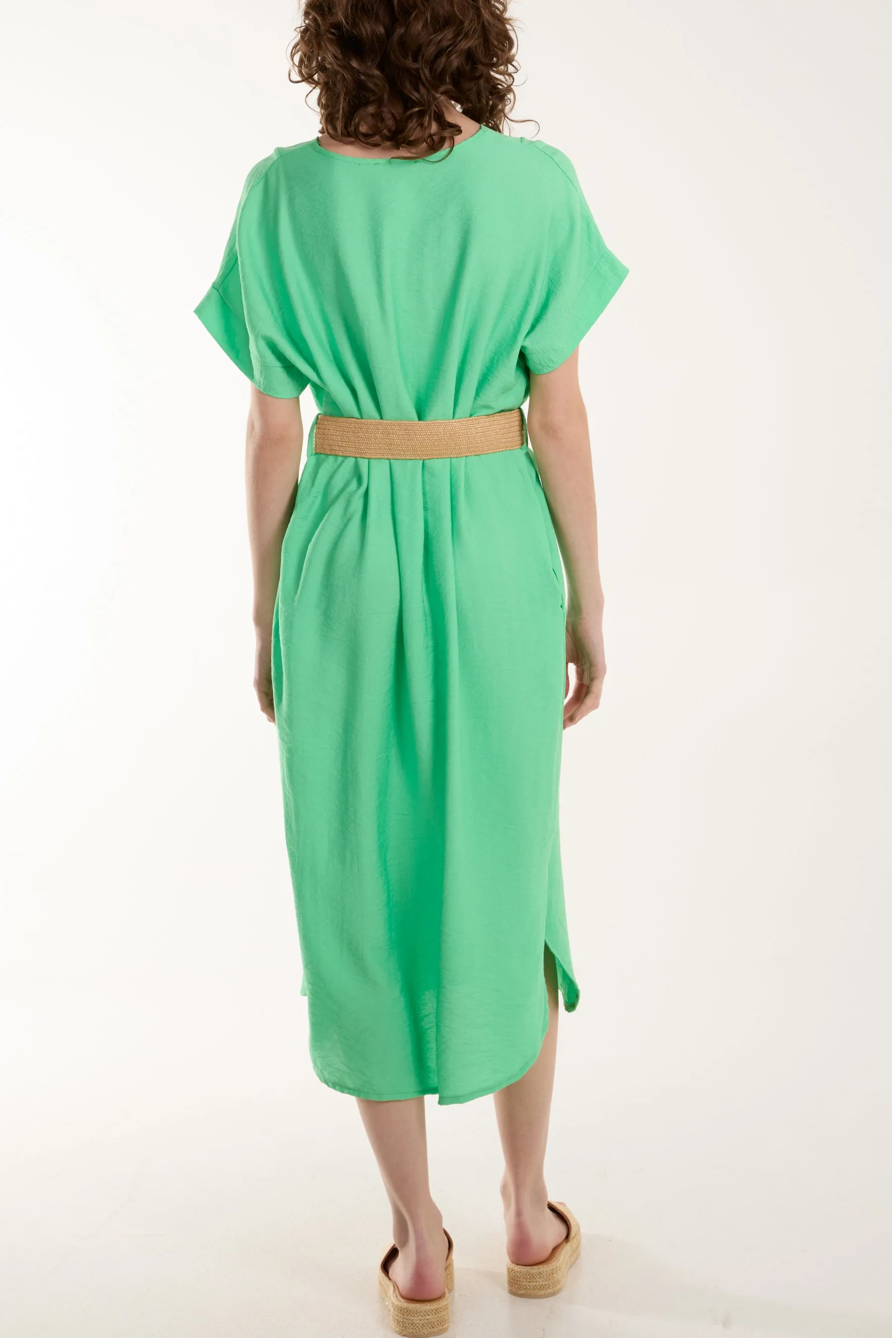 Belted V-Neck Short Sleeve Midi Dress