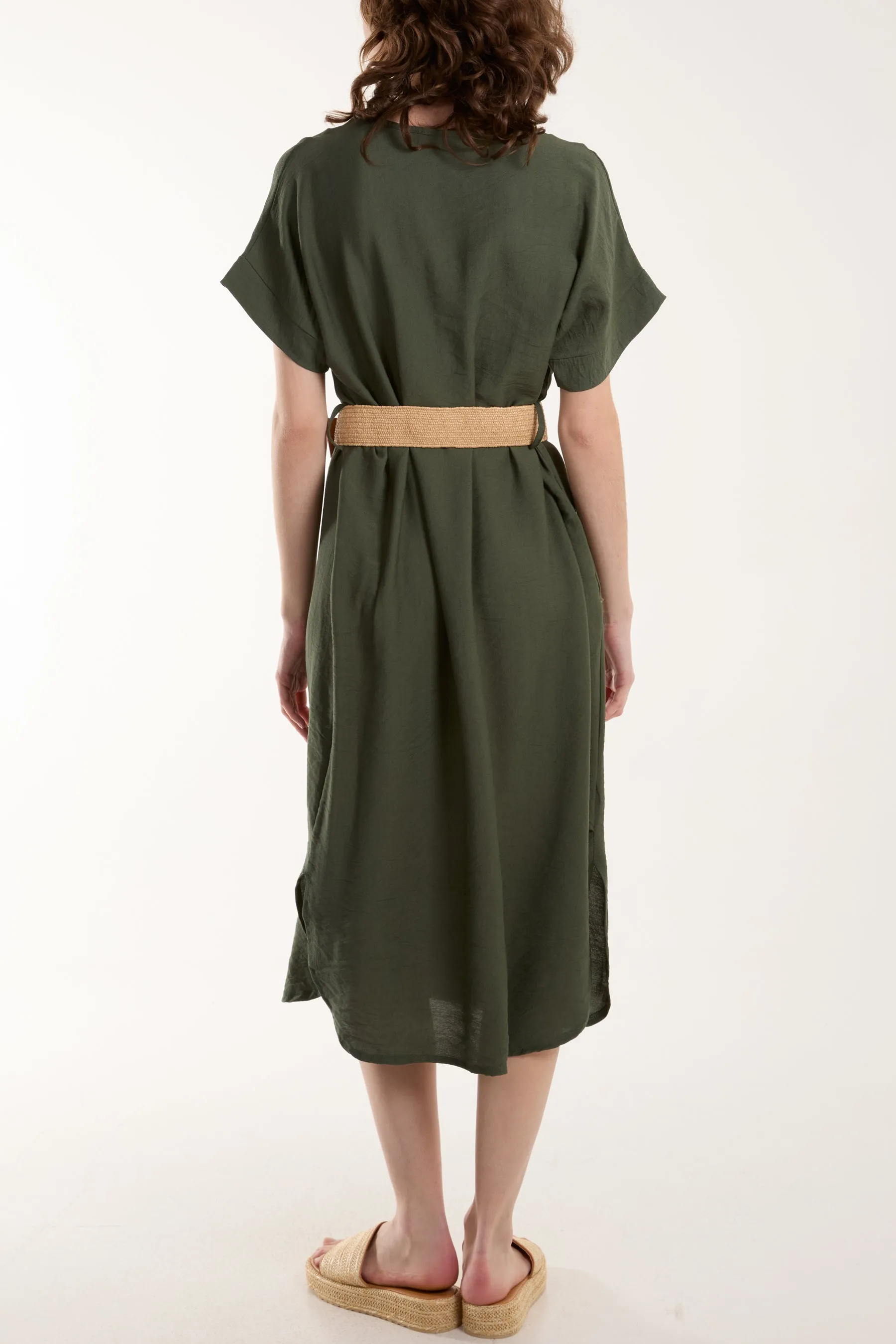 Belted V-Neck Short Sleeve Midi Dress