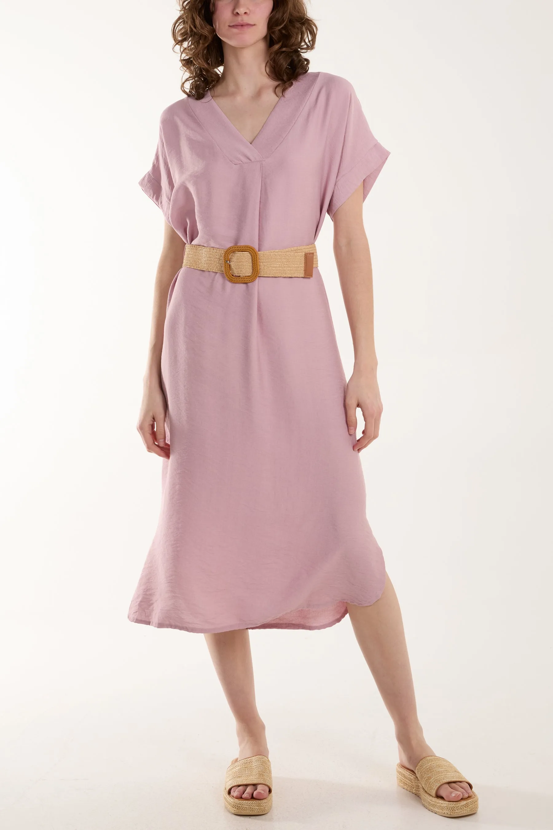 Belted V-Neck Short Sleeve Midi Dress