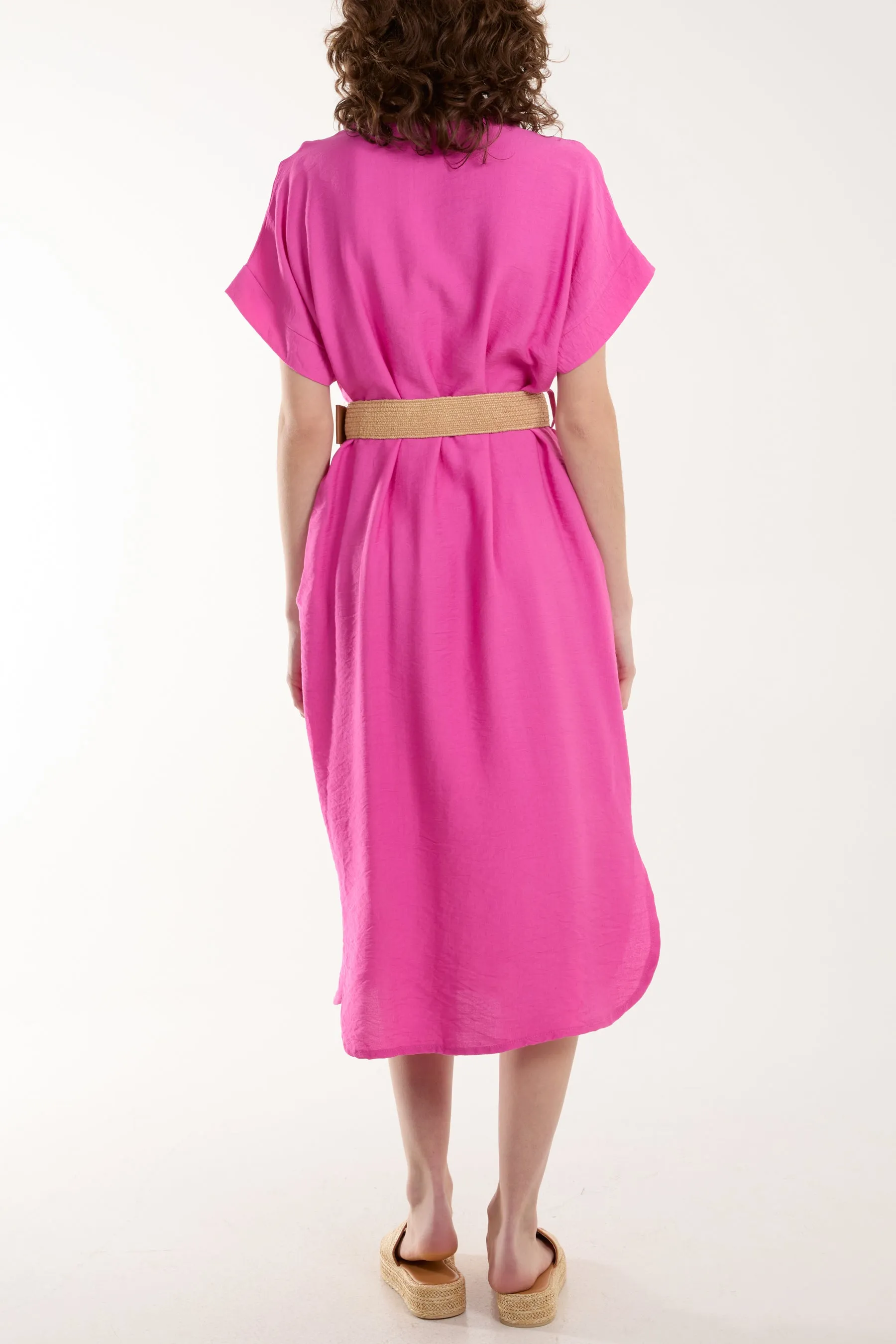 Belted V-Neck Short Sleeve Midi Dress