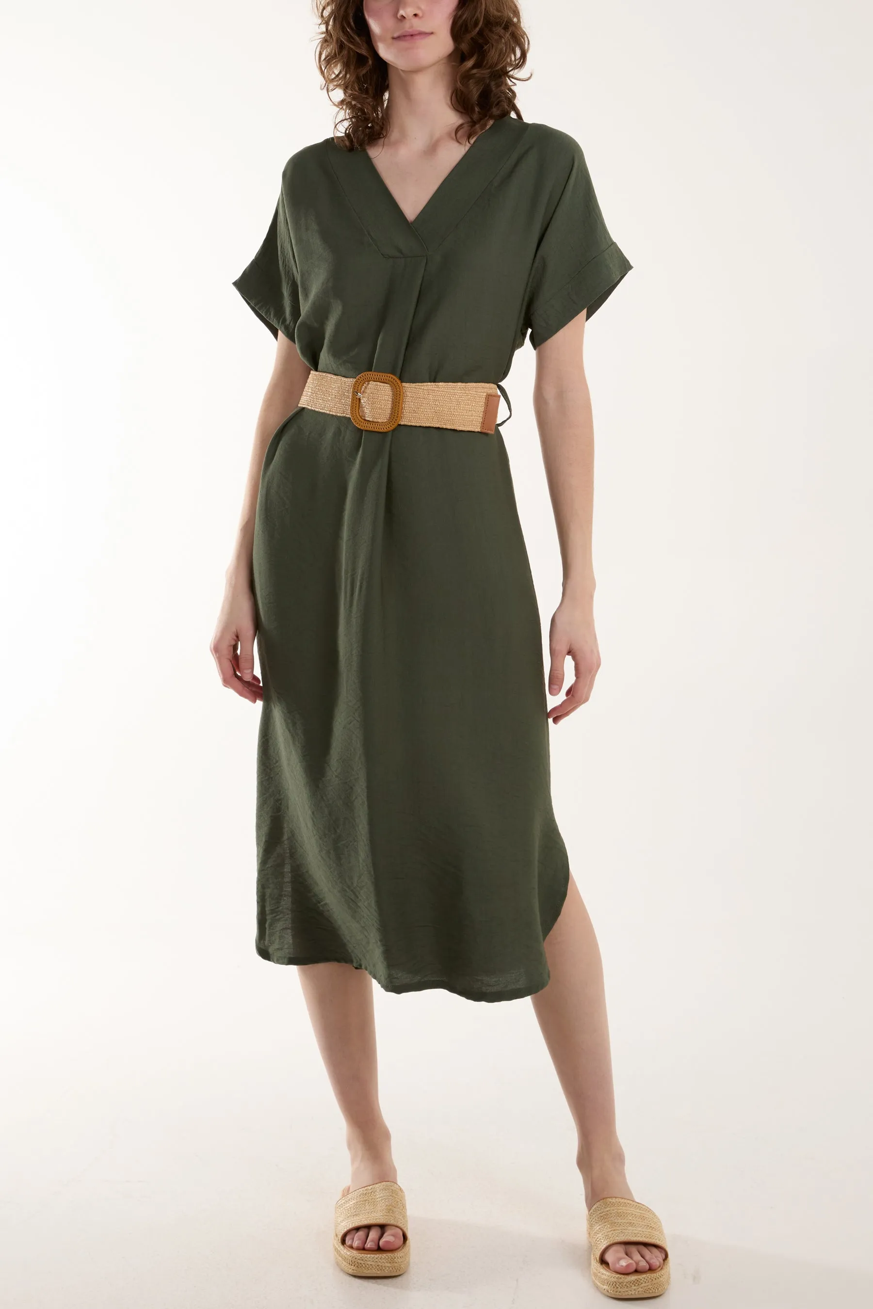 Belted V-Neck Short Sleeve Midi Dress