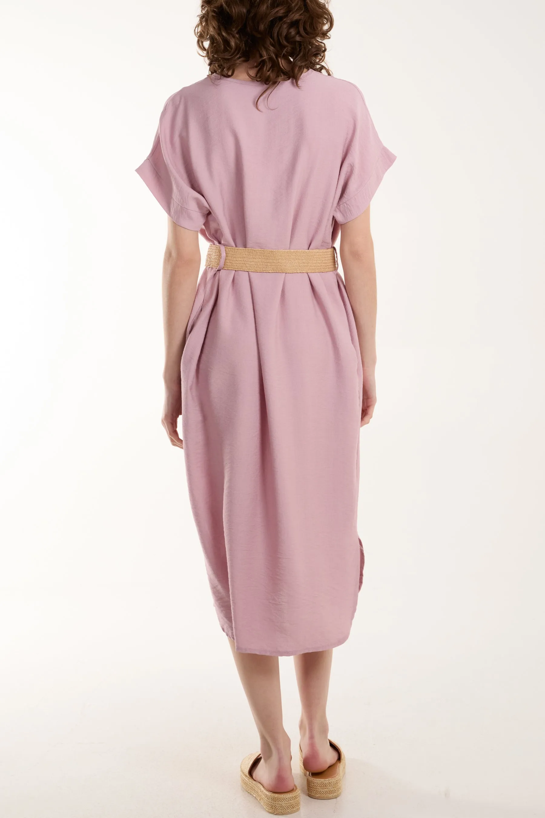 Belted V-Neck Short Sleeve Midi Dress