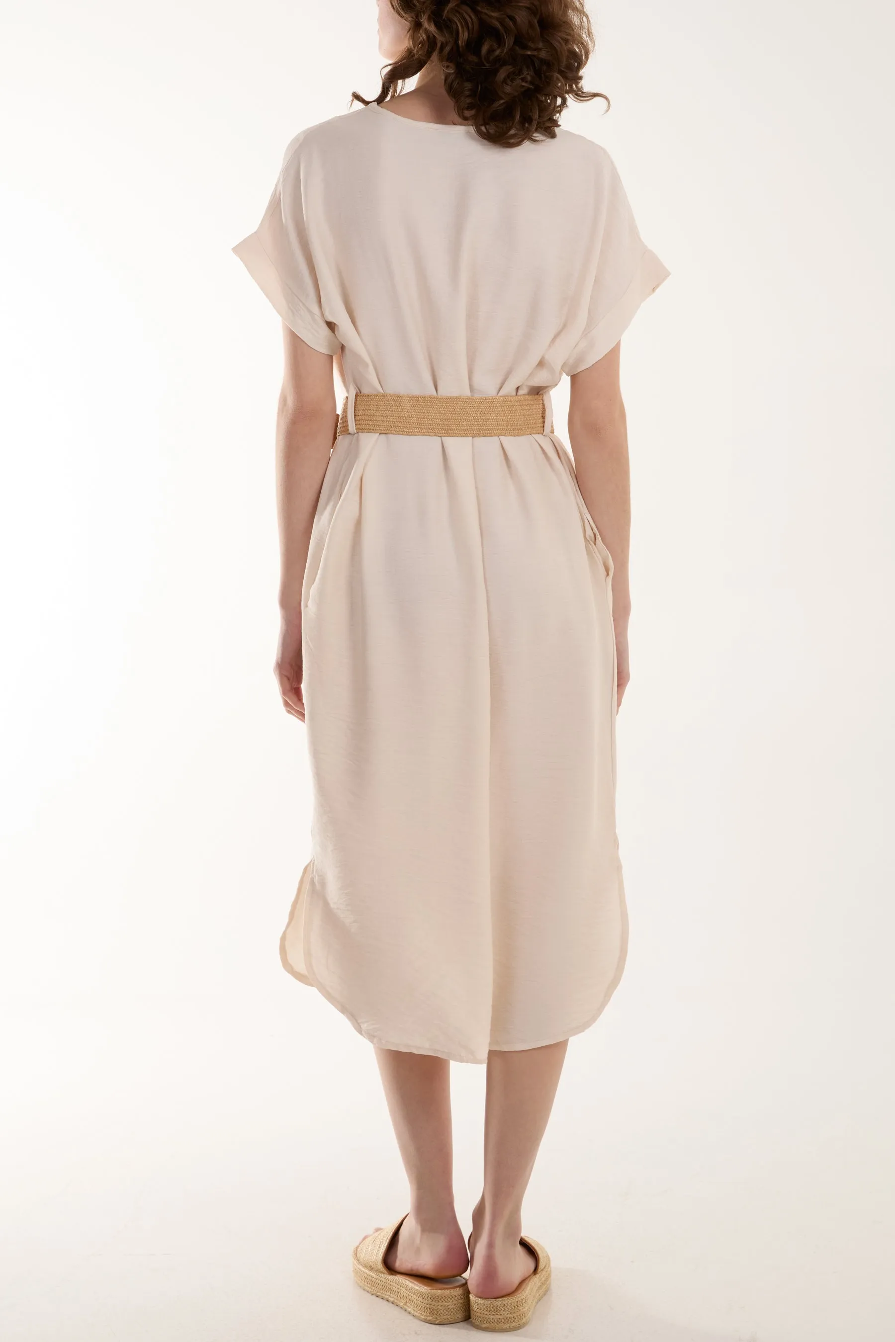 Belted V-Neck Short Sleeve Midi Dress