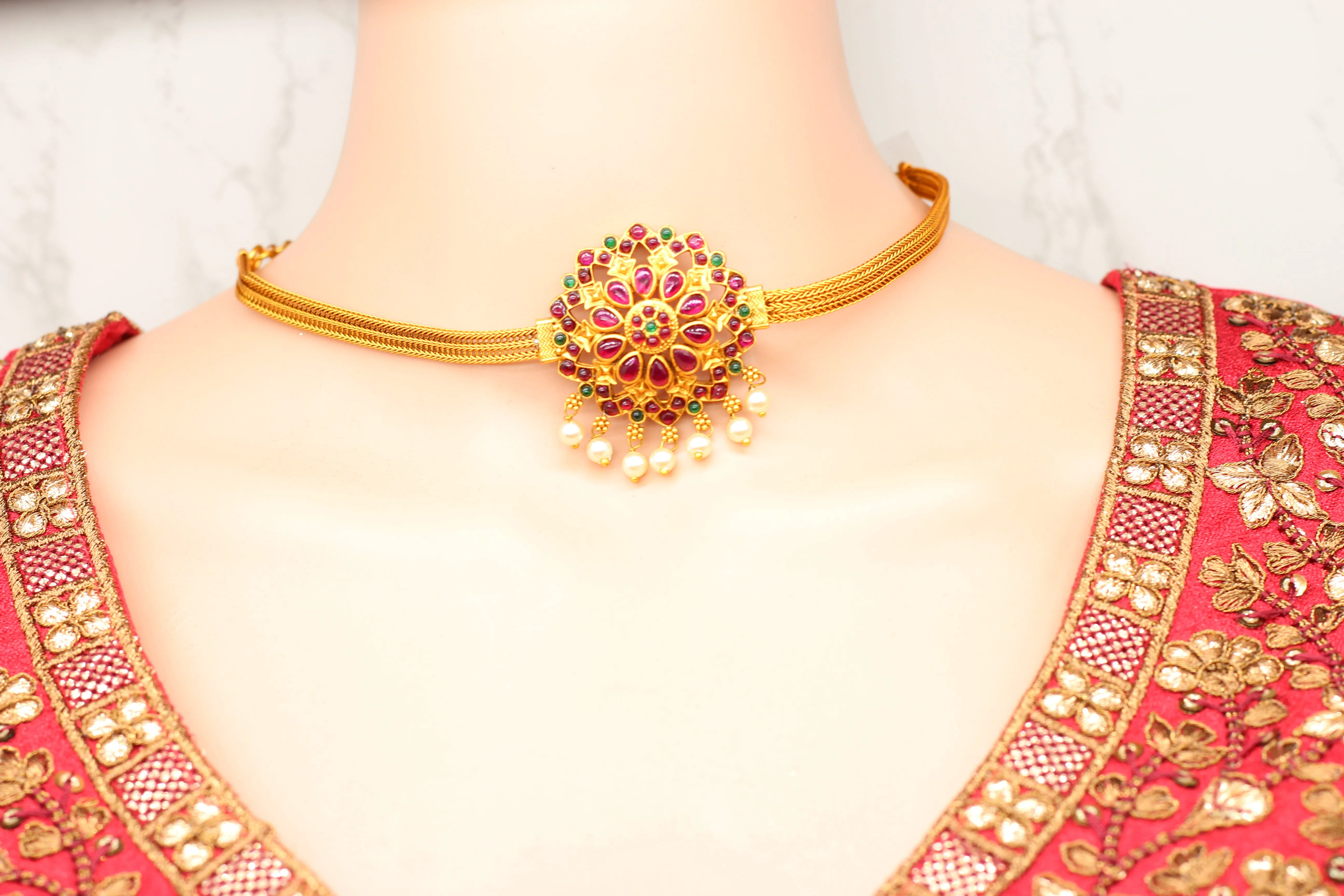 Chic Kemp Pendant and Jhumka Earring Set with Adjustable Choker