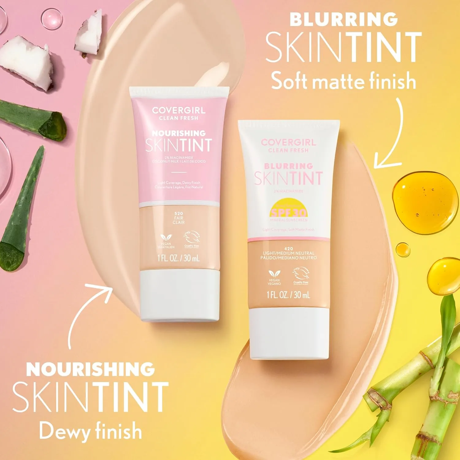 COVERGIRL Clean Fresh Nourishing Skin Tint, 510 Porcelain, Liquid Foundation, Dewy Finish, Infused with Coconut & Aloe, Vegan Formula