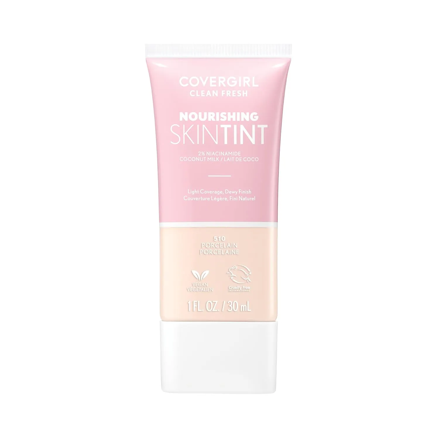 COVERGIRL Clean Fresh Nourishing Skin Tint, 510 Porcelain, Liquid Foundation, Dewy Finish, Infused with Coconut & Aloe, Vegan Formula