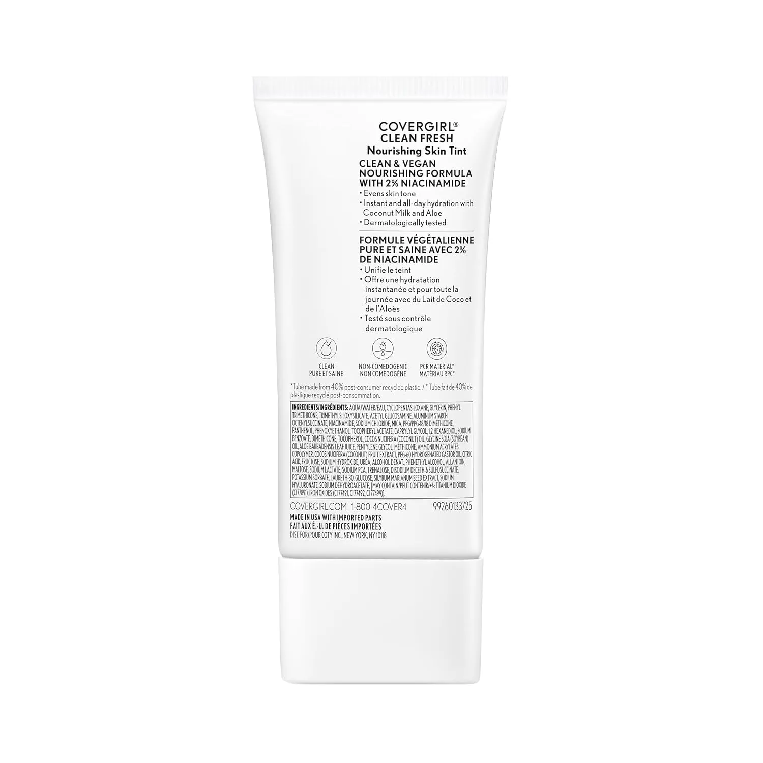 COVERGIRL Clean Fresh Nourishing Skin Tint, 510 Porcelain, Liquid Foundation, Dewy Finish, Infused with Coconut & Aloe, Vegan Formula