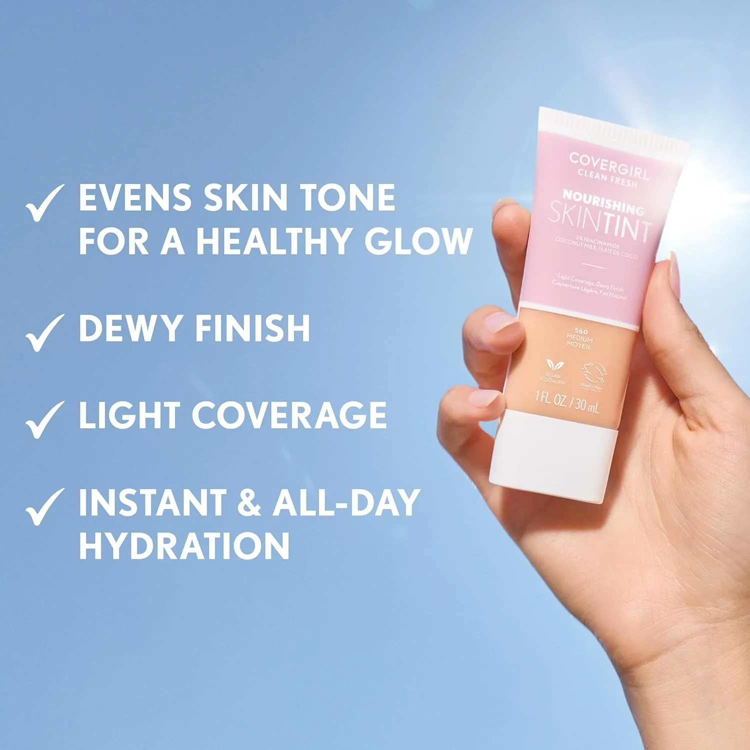 COVERGIRL Clean Fresh Nourishing Skin Tint, 560 Medium, Liquid Foundation, Dewy Finish, Infused with Coconut & Aloe, Vegan Formula