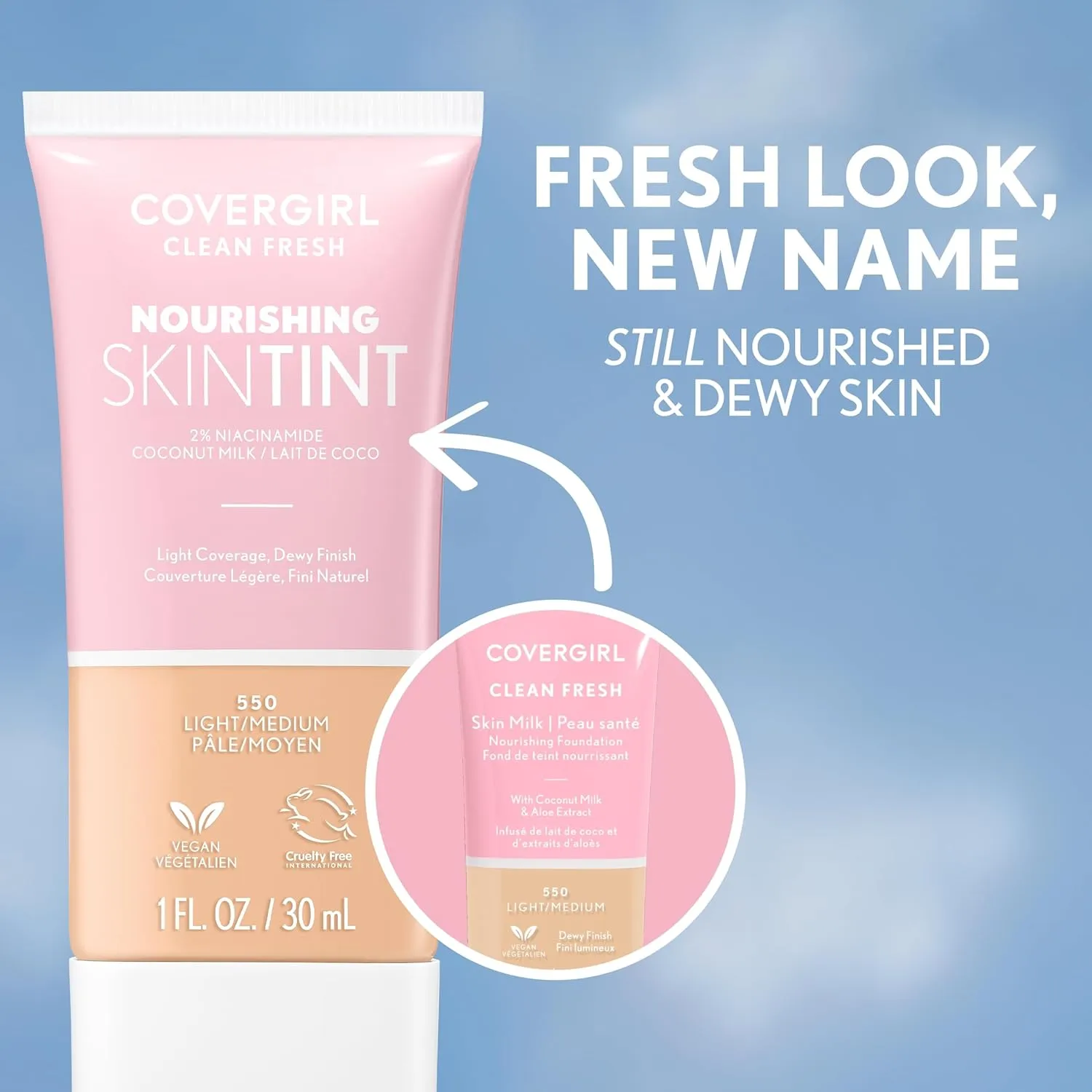COVERGIRL Clean Fresh Nourishing Skin Tint, 560 Medium, Liquid Foundation, Dewy Finish, Infused with Coconut & Aloe, Vegan Formula