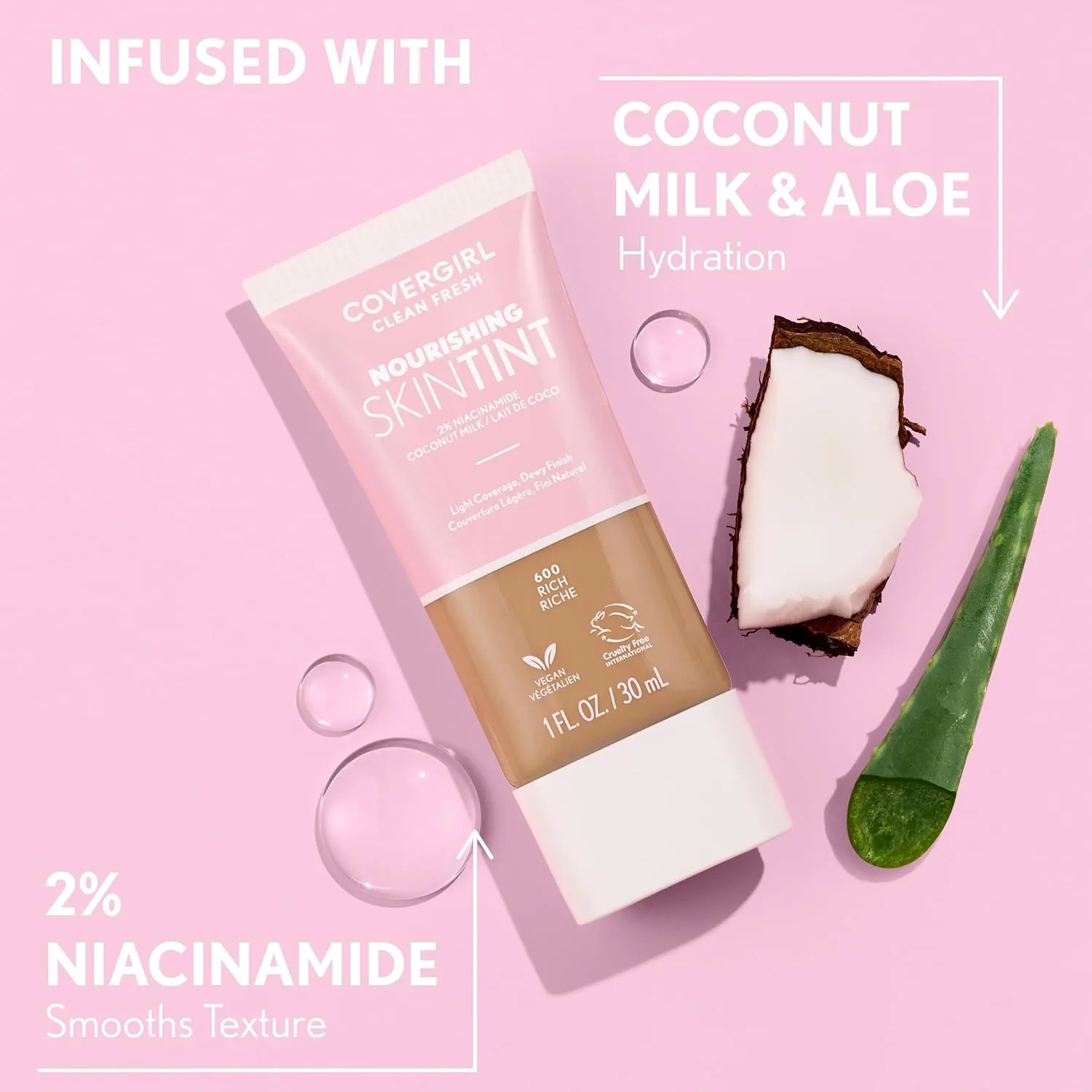 COVERGIRL Clean Fresh Nourishing Skin Tint, 560 Medium, Liquid Foundation, Dewy Finish, Infused with Coconut & Aloe, Vegan Formula