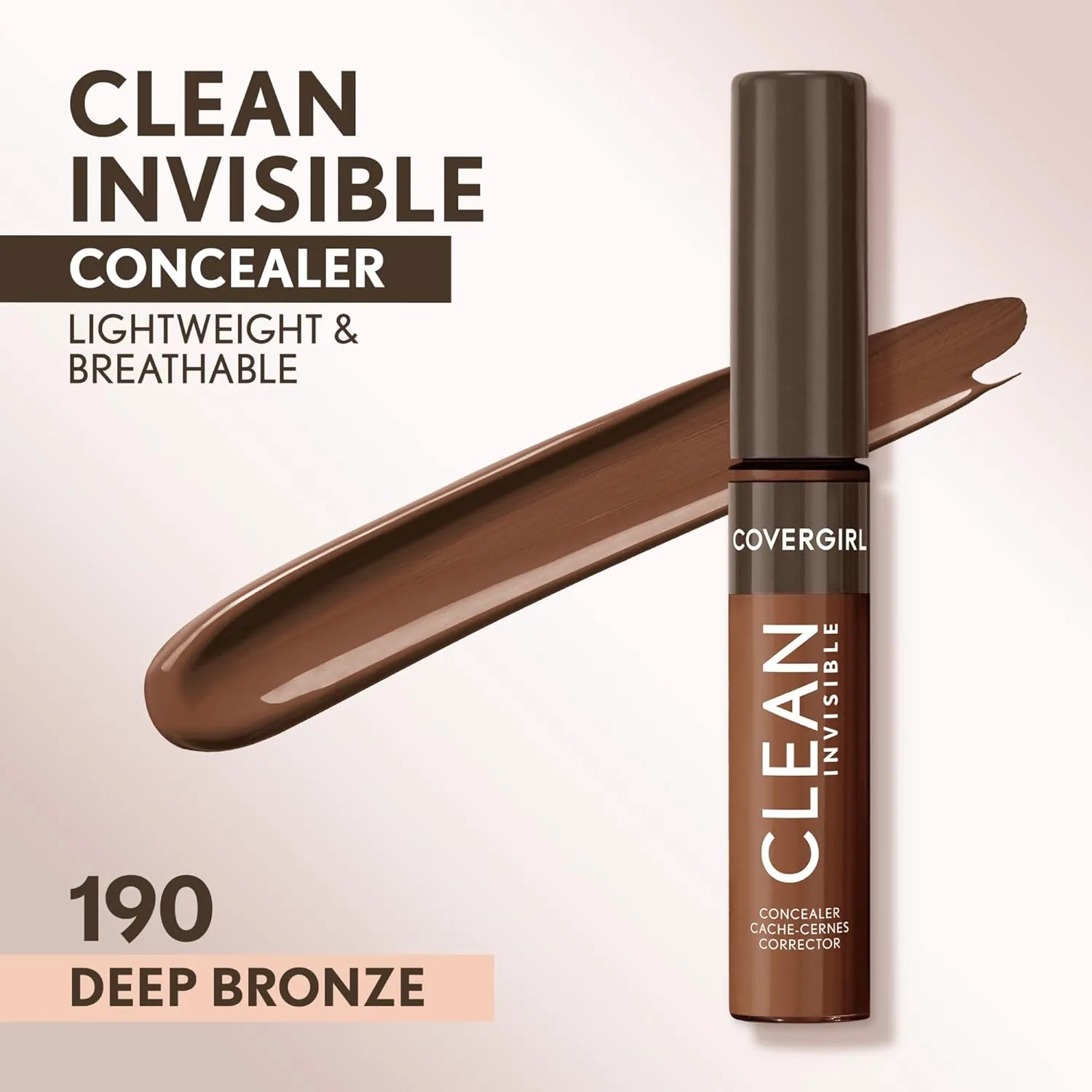 Covergirl Clean Invisible Concealer, Lightweight, Hydrating, Vegan Formula, Deep Bronze 190, 0.23oz (Pack of 2)