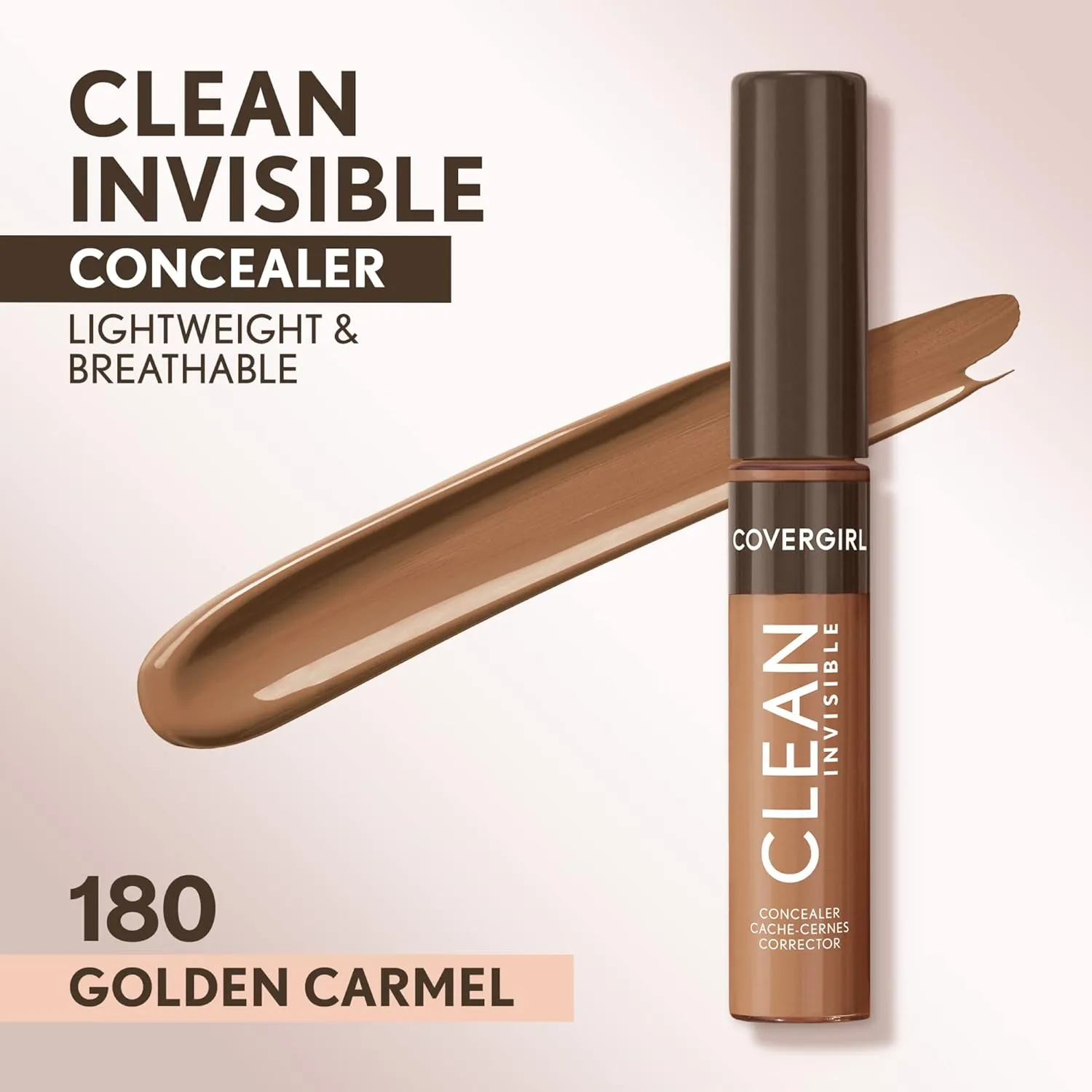 Covergirl Clean Invisible Concealer, Lightweight, Hydrating, Vegan Formula, Golden Caramel 180, 0.23oz