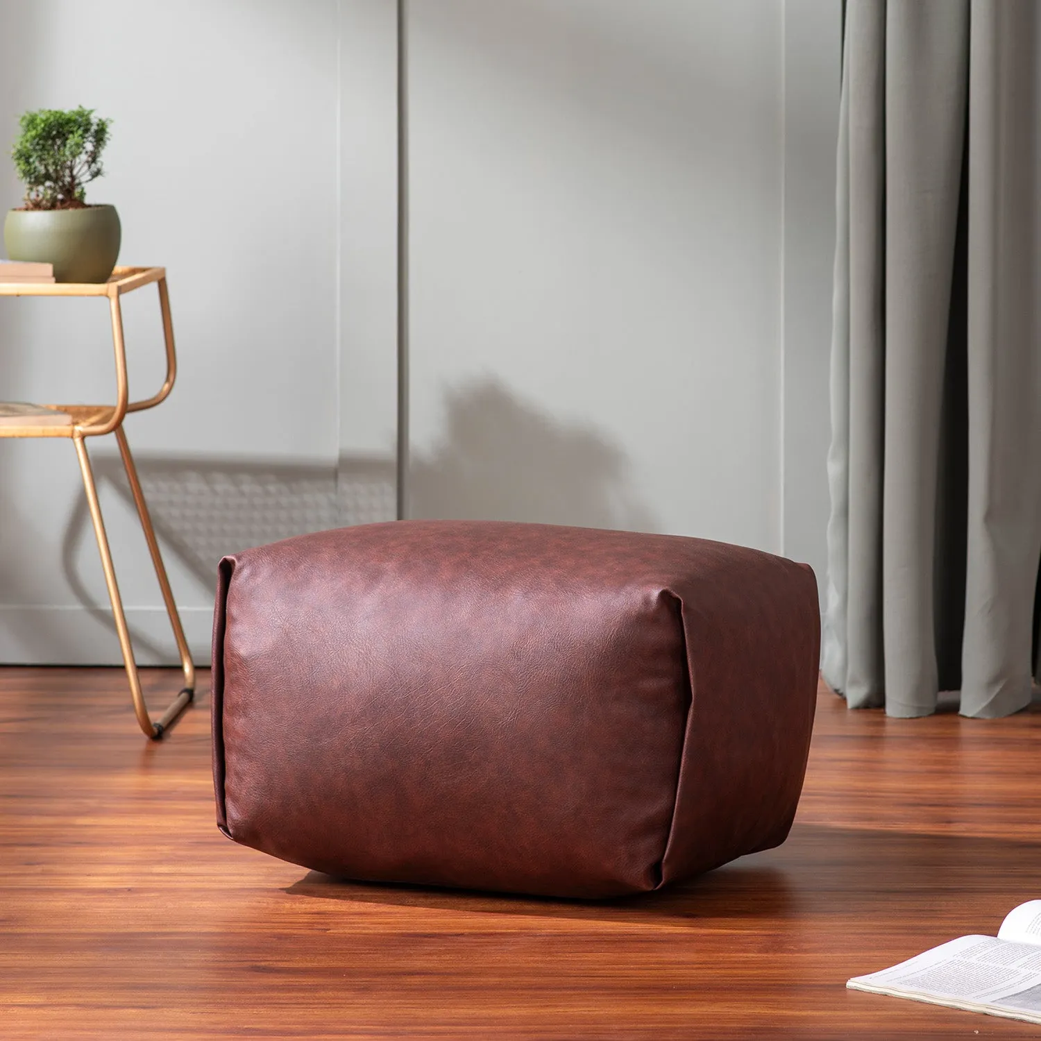 Cube Collection Brown Faux Leather Pouf Ottoman