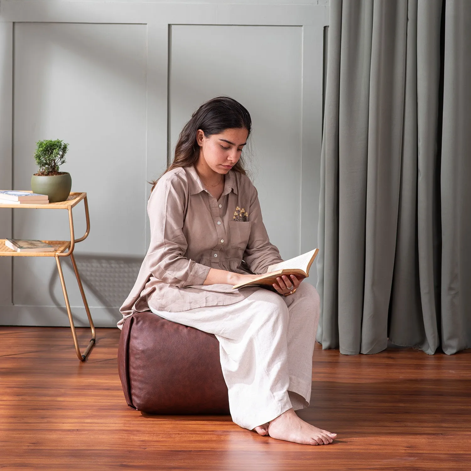 Cube Collection Brown Faux Leather Pouf Ottoman