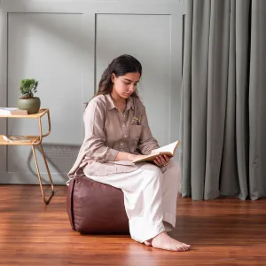 Cube Collection Brown Faux Leather Pouf Ottoman