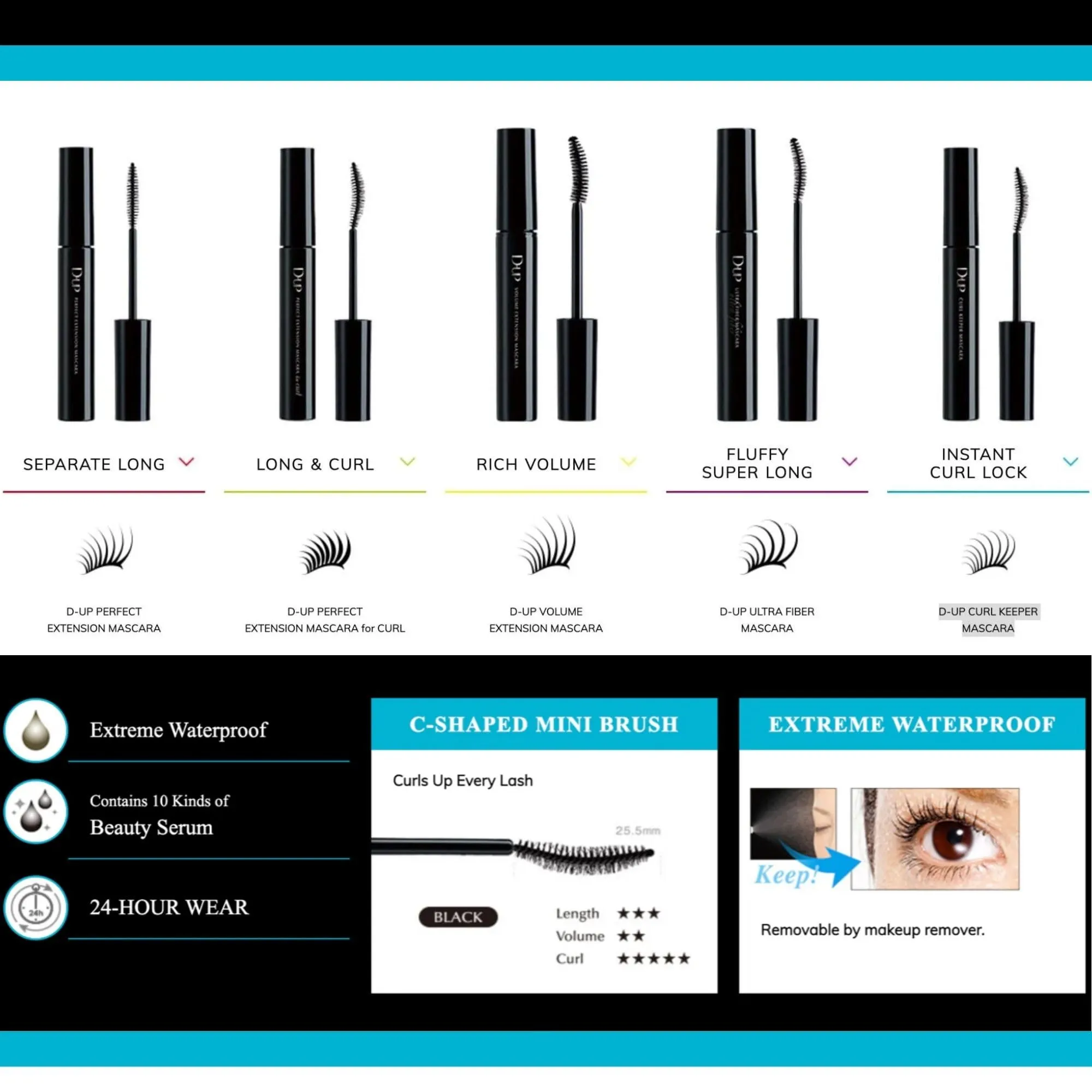 D-UP Curl Keeper Mascara Black with Curved Brush, Long-Lasting, Waterproof & Smudge Resistant Eye Makeup, Japanese Washable Eyelash Mascara Extension