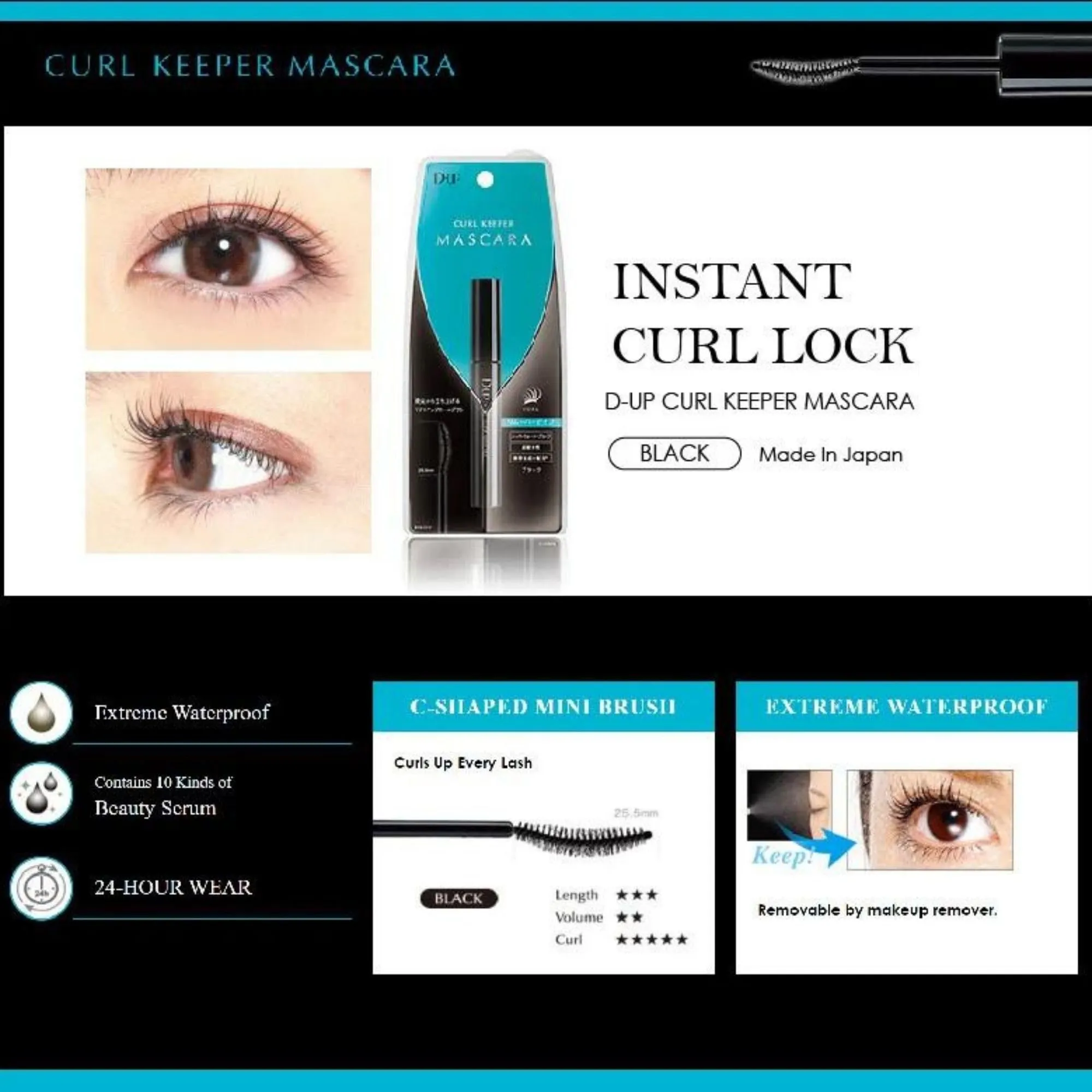 D-UP Curl Keeper Mascara Black with Curved Brush, Long-Lasting, Waterproof & Smudge Resistant Eye Makeup, Japanese Washable Eyelash Mascara Extension