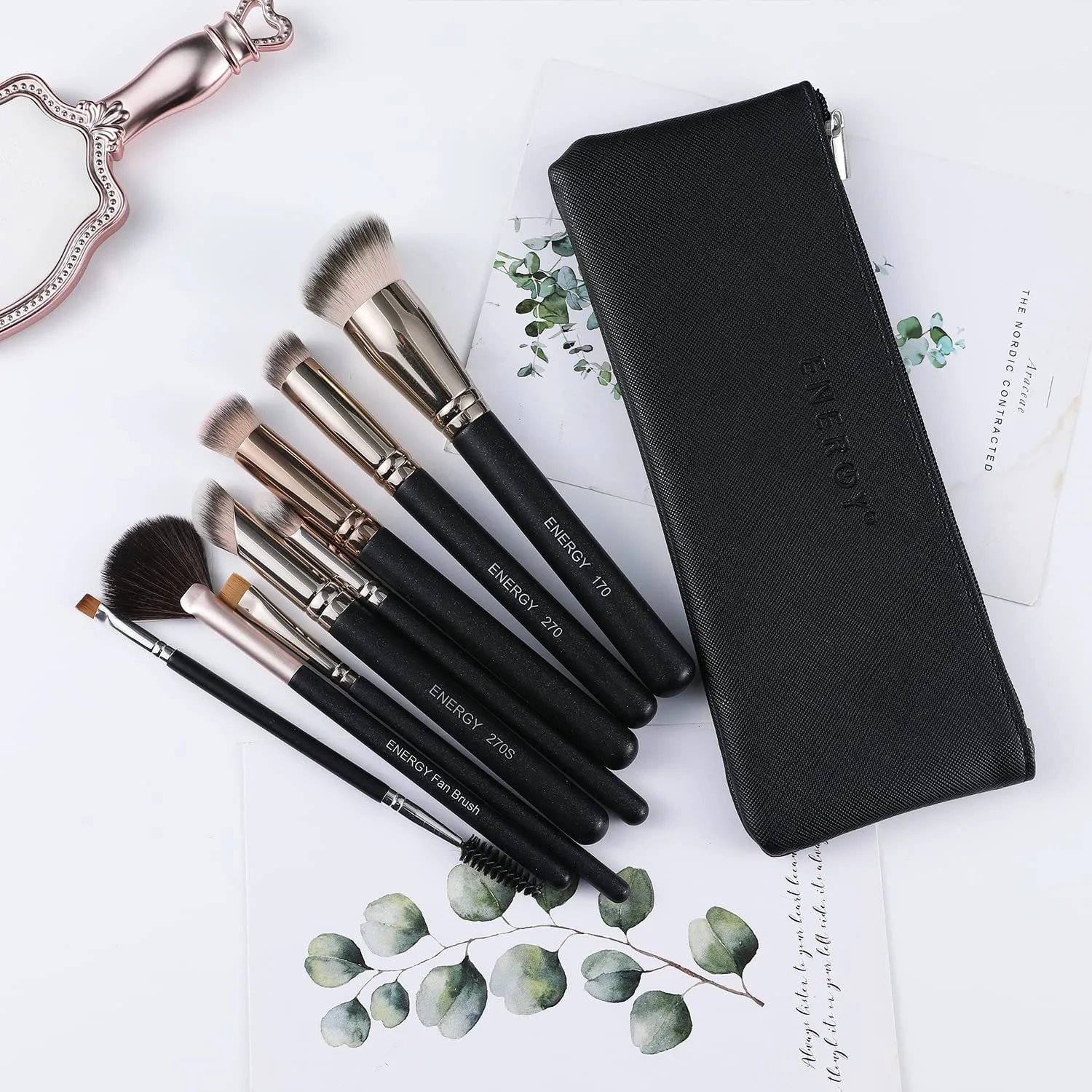 ENERGY Makeup Brushes Set Professional Foundation Powder Concealer Nose Contour Eyebrow Eyeliner Flat Definer Face Brushes for Liquid Cream Powder Gel Blending Buffing Defining Travel Case 8PCS