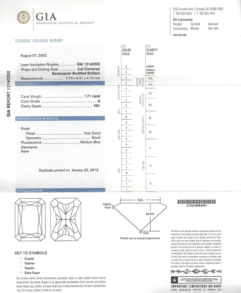 Extraordinary 1.71ct Radiant Cut Diamond in Custom French Platinum Ring