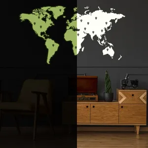 Glow In Dark World Map Vinyl Sticker - Night Glowing Wall Art Vinyl Of The Decor Decal Label