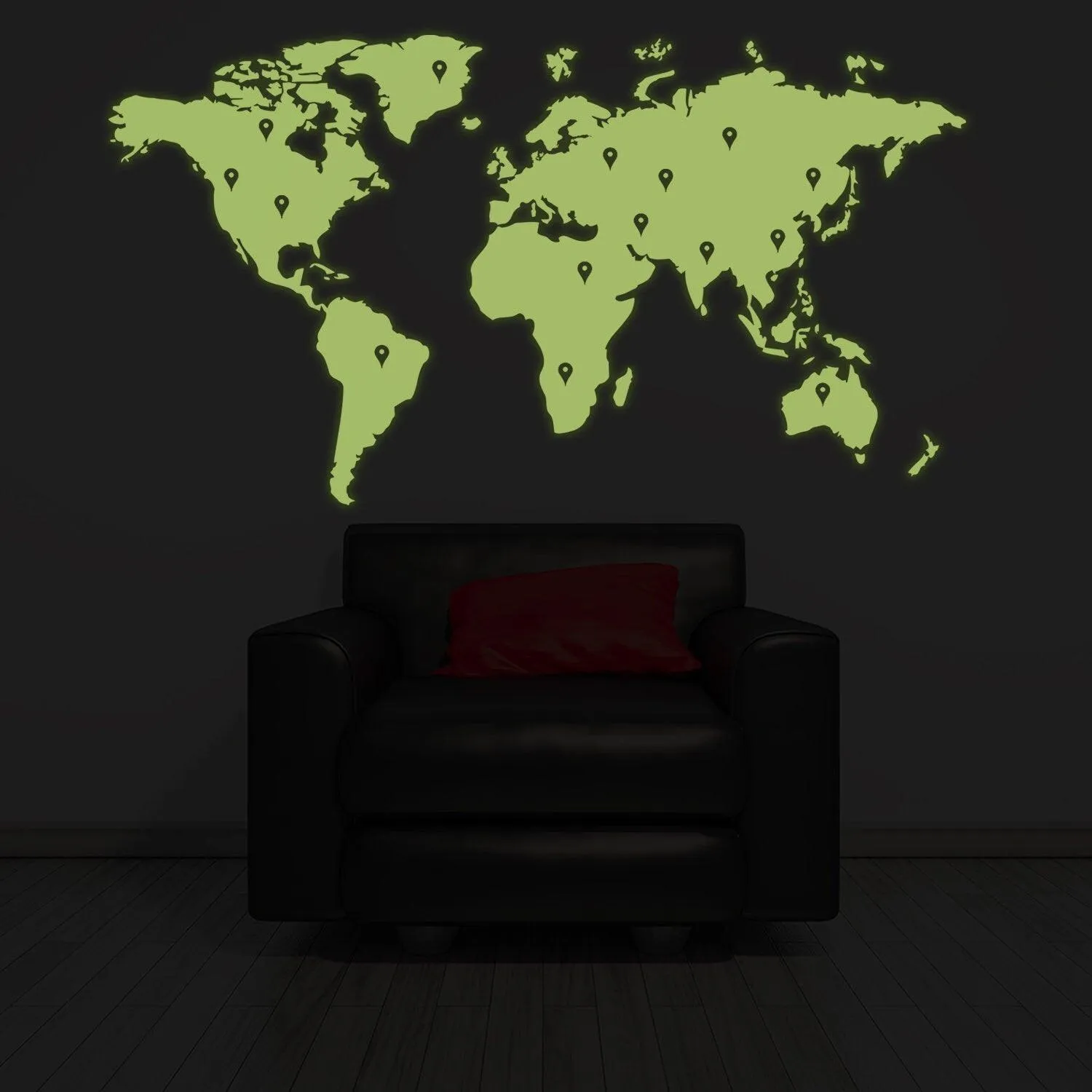Glow In Dark World Map Vinyl Sticker - Night Glowing Wall Art Vinyl Of The Decor Decal Label