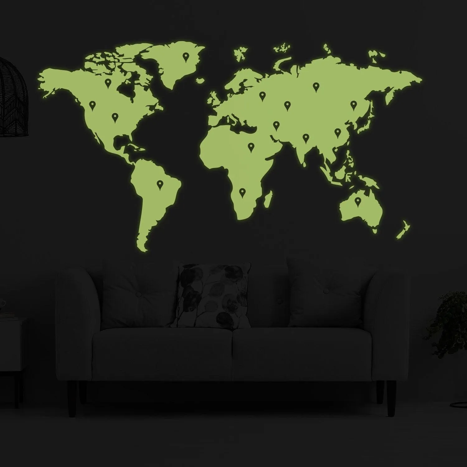 Glow In Dark World Map Vinyl Sticker - Night Glowing Wall Art Vinyl Of The Decor Decal Label