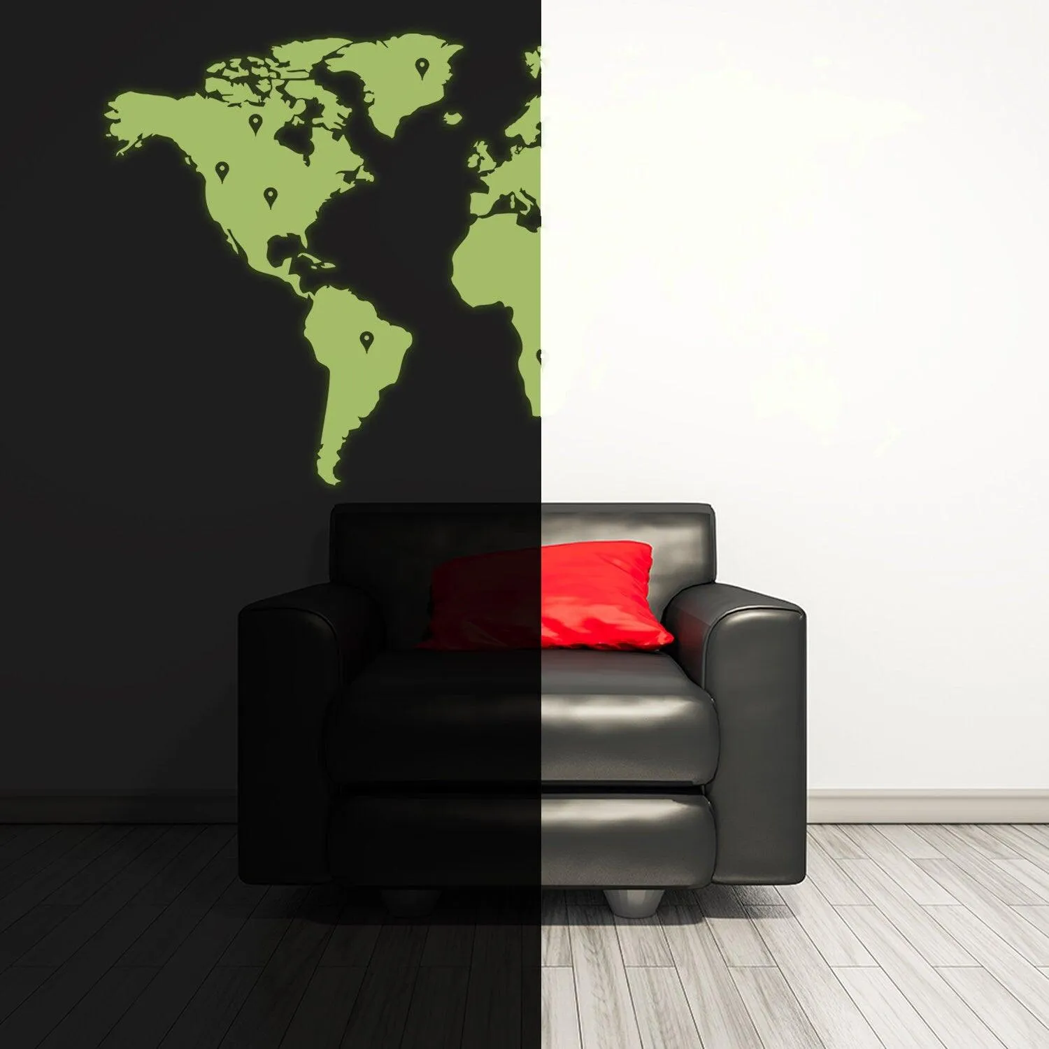 Glow In Dark World Map Vinyl Sticker - Night Glowing Wall Art Vinyl Of The Decor Decal Label